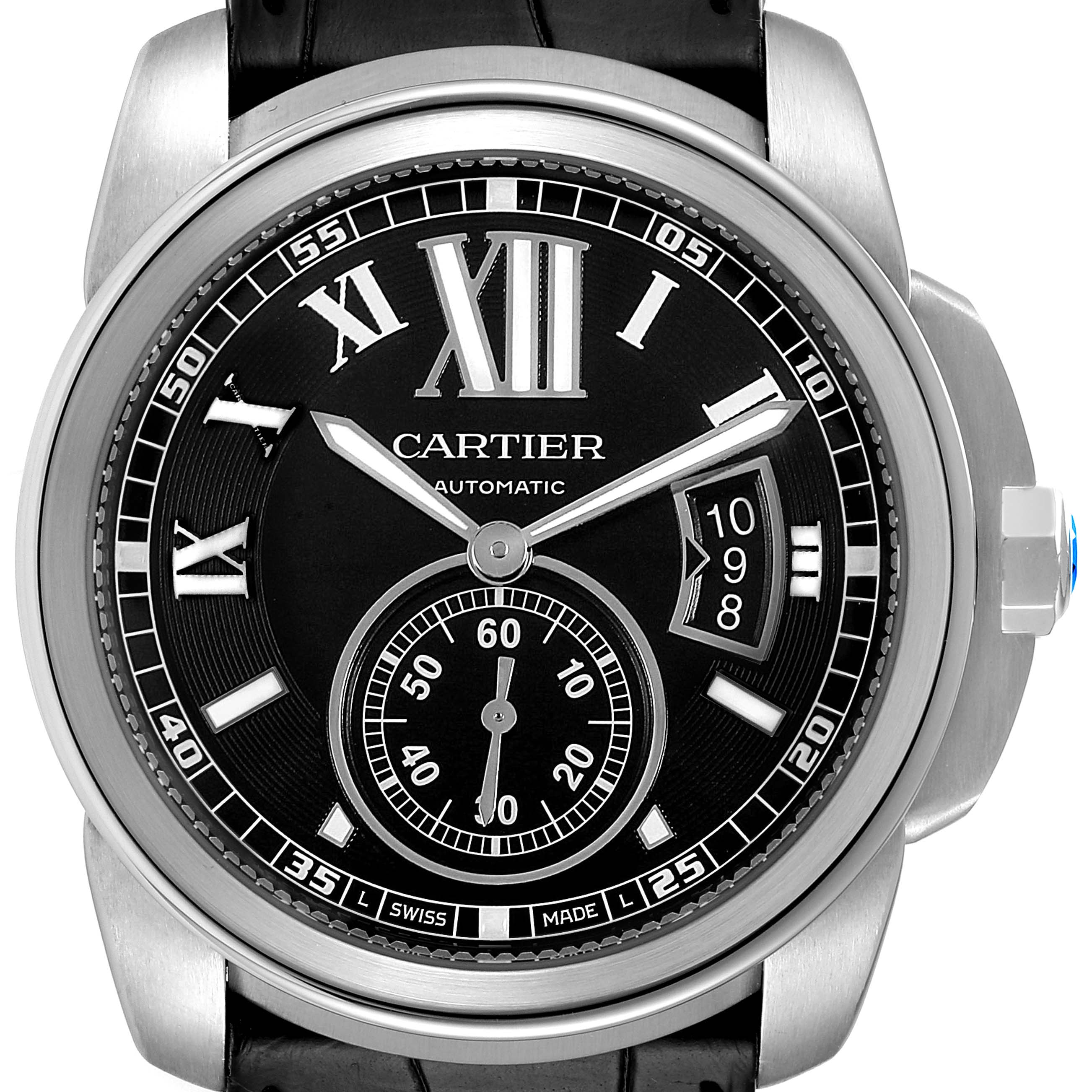 The image shows a front view of the Calibre de Cartier watch by Cartier, highlighting the dial and hands.