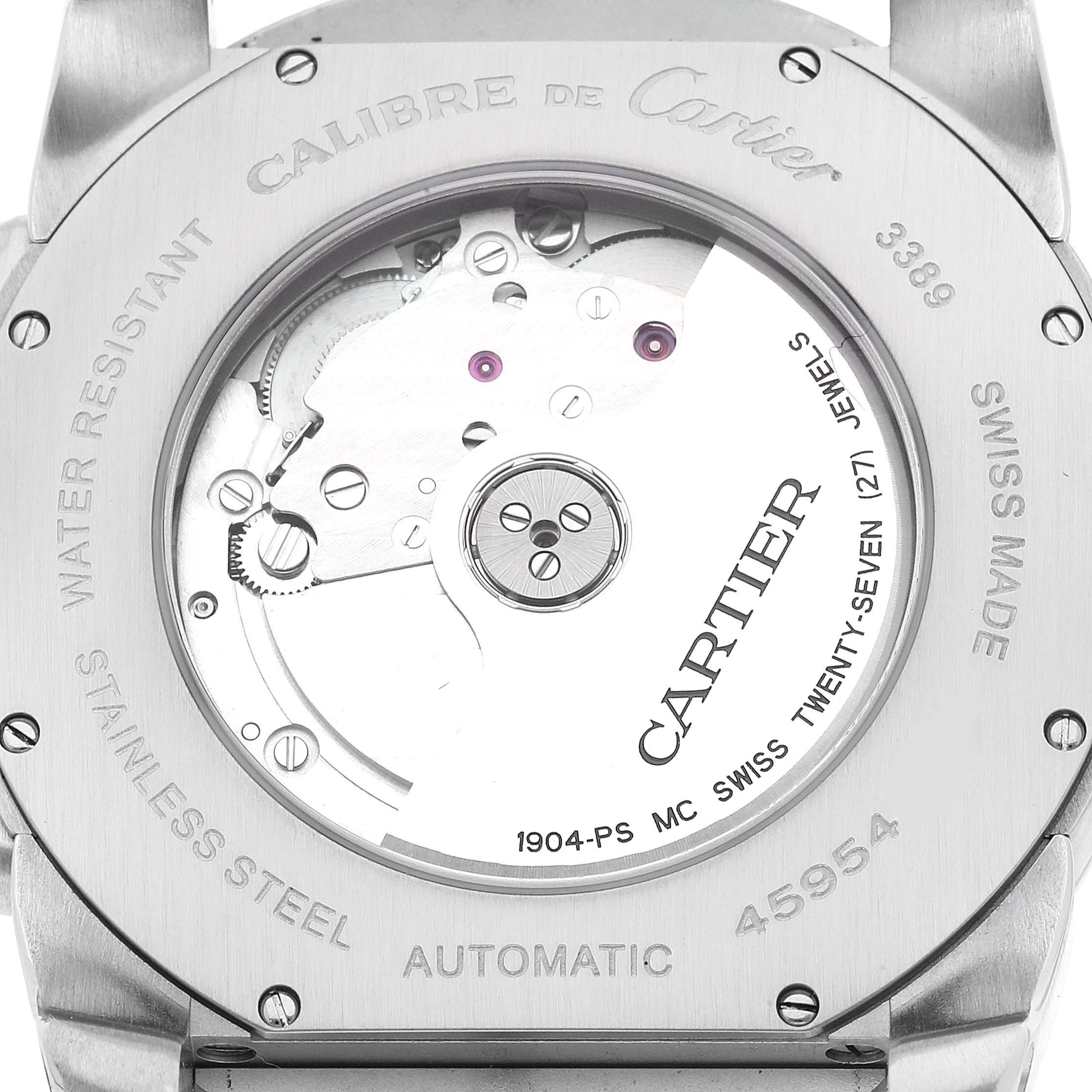 The image shows the back case and movement of the Calibre de Cartier watch by Cartier.