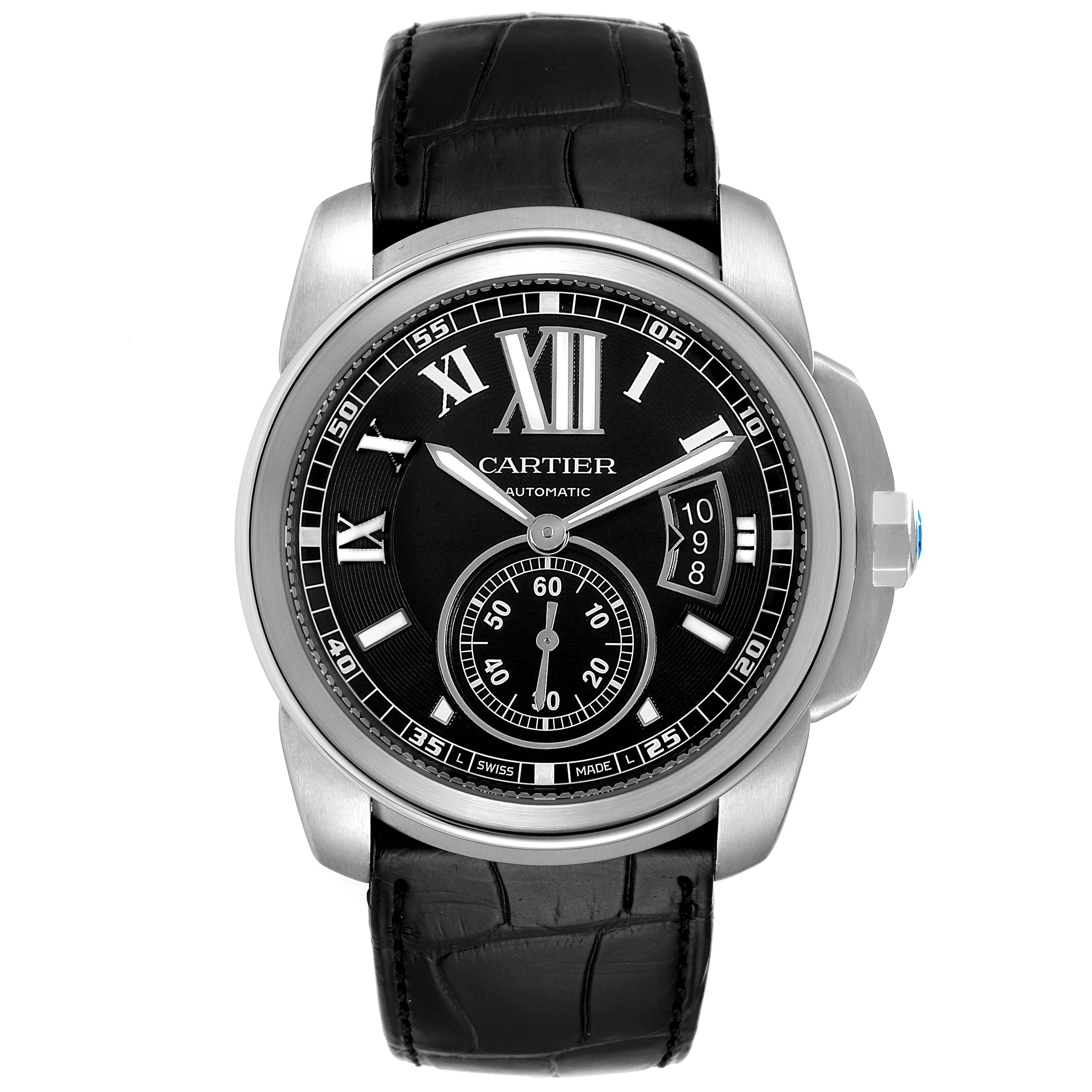 The image shows a front view of the Calibre de Cartier watch by Cartier, highlighting its black dial, Roman numerals, and leather strap.