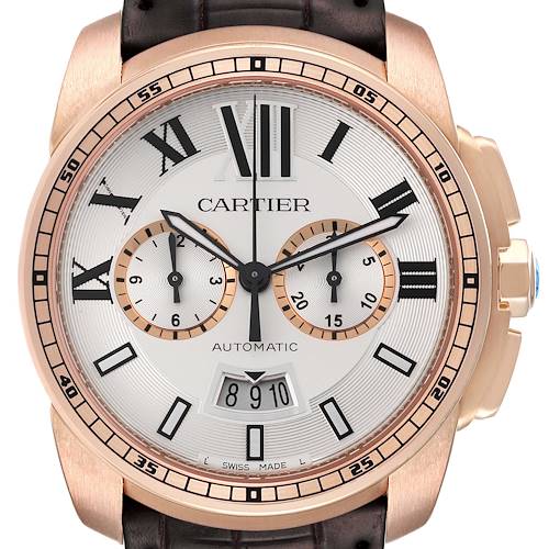 Photo of Cartier Calibre Rose Gold Silver Dial Chronograph Mens Watch W7100044