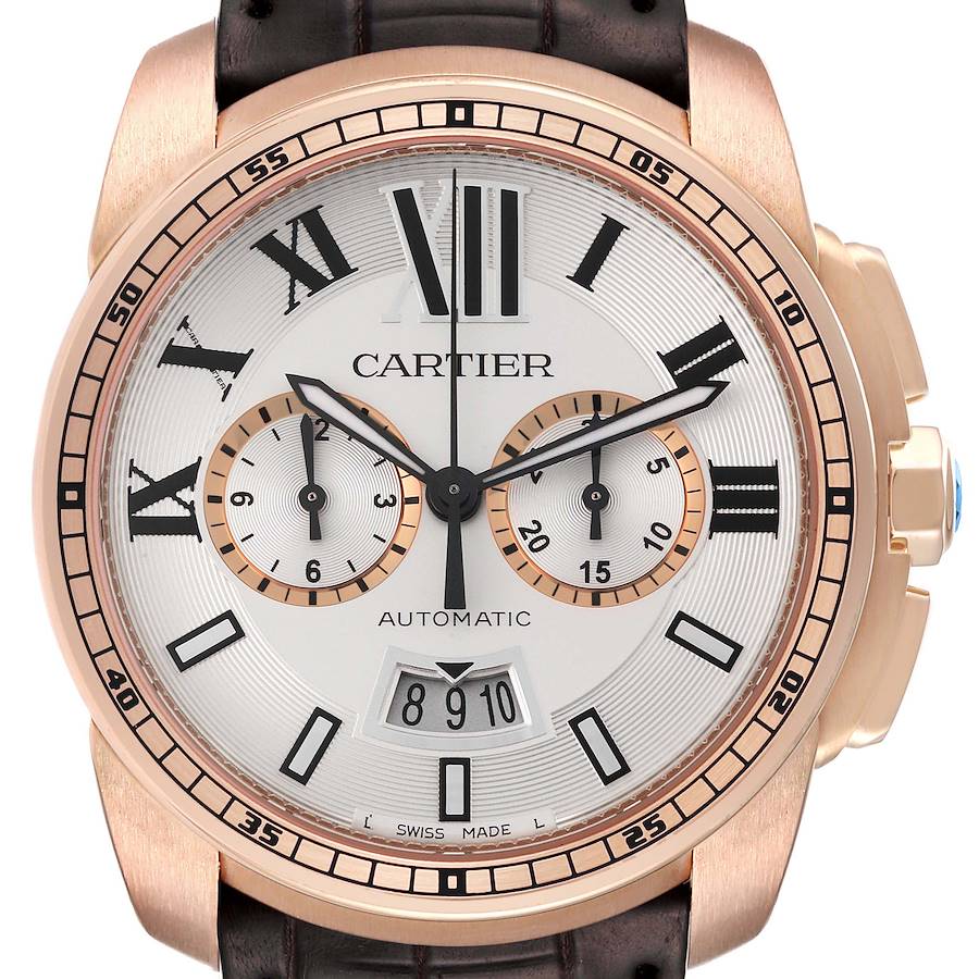 The Calibre de Cartier watch is shown from a front angle, highlighting the dial, hands, subdials, and crown.