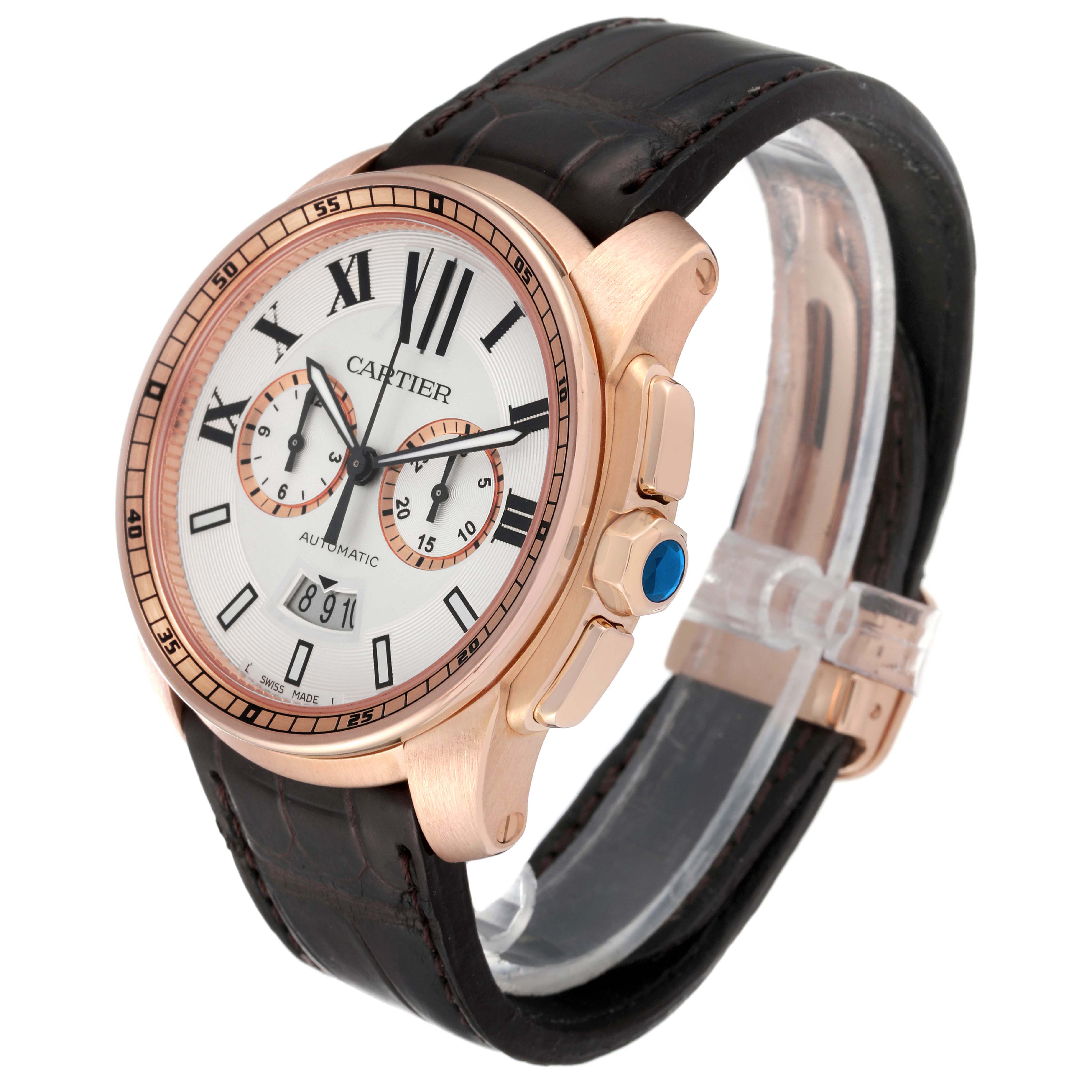 The image shows a Calibre de Cartier watch angled to display the face, case, crown, and leather strap.