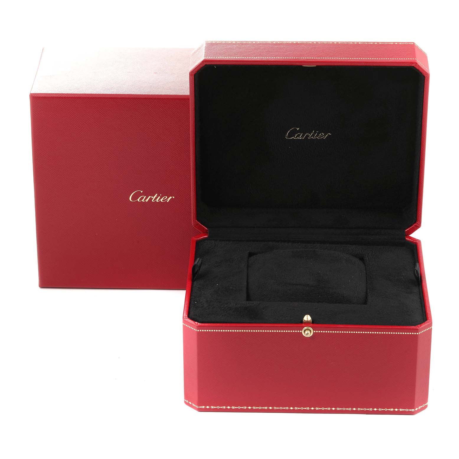 The image shows an open red Cartier box, likely for a Calibre de Cartier model watch, with a black interior.