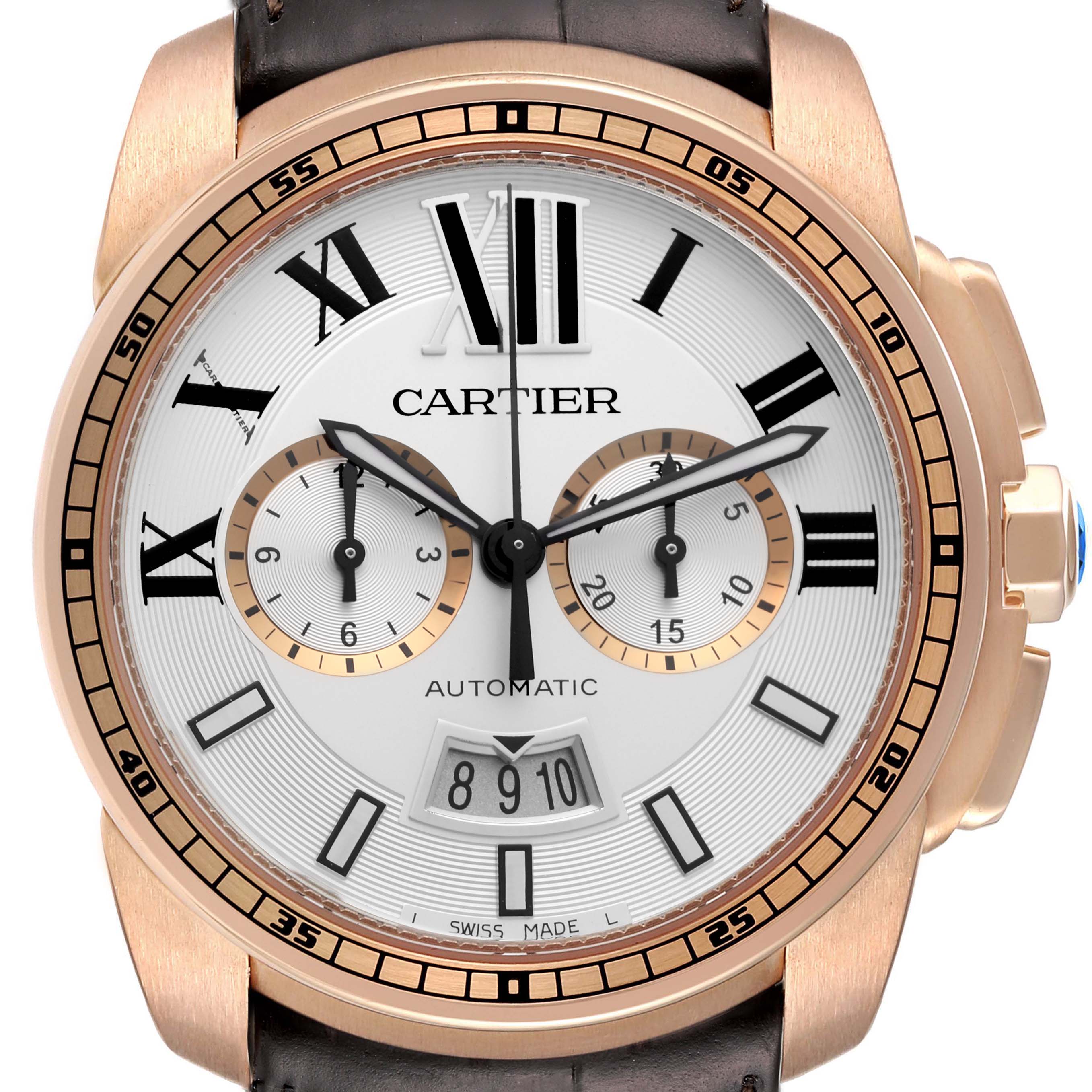 The image shows a front view of a Calibre de Cartier watch by Cartier, detailing its dial, numerals, subdials, hands, and crown.