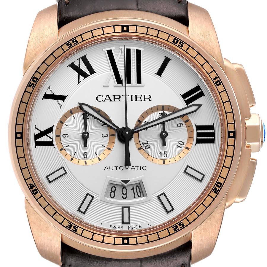 Cartier Calibre Silver Dial Rose Gold Chronograph Mens Watch W7100044 SwissWatchExpo