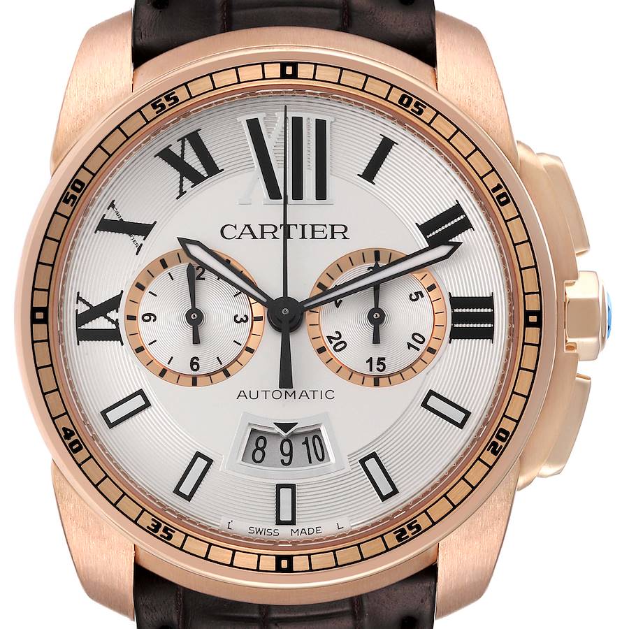 Cartier Calibre Silver Dial Rose Gold Chronograph Mens Watch W7100044 SwissWatchExpo