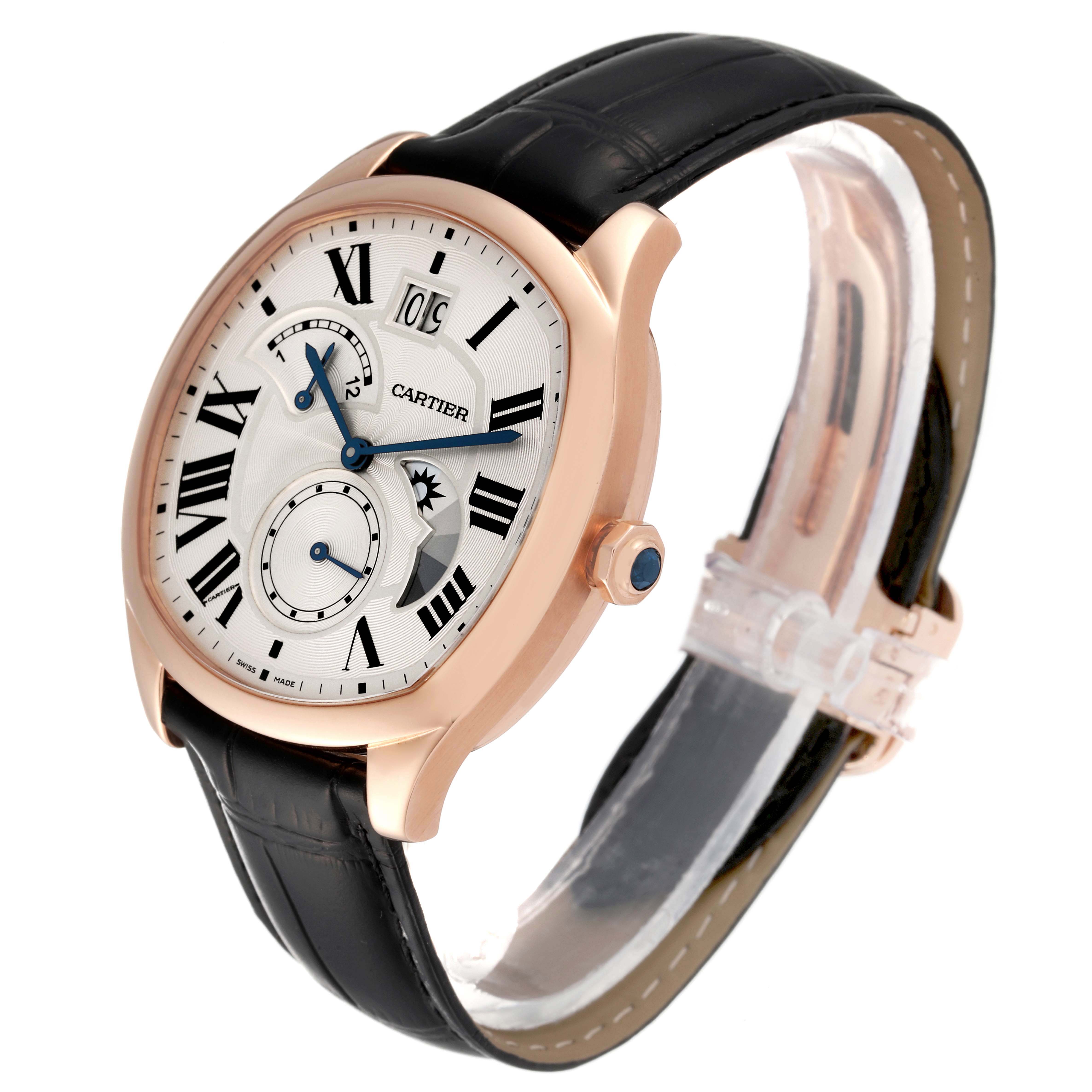 The Drive de Cartier watch by Cartier is shown at a three-quarters angle, highlighting the dial, case, crown, and part of the strap.