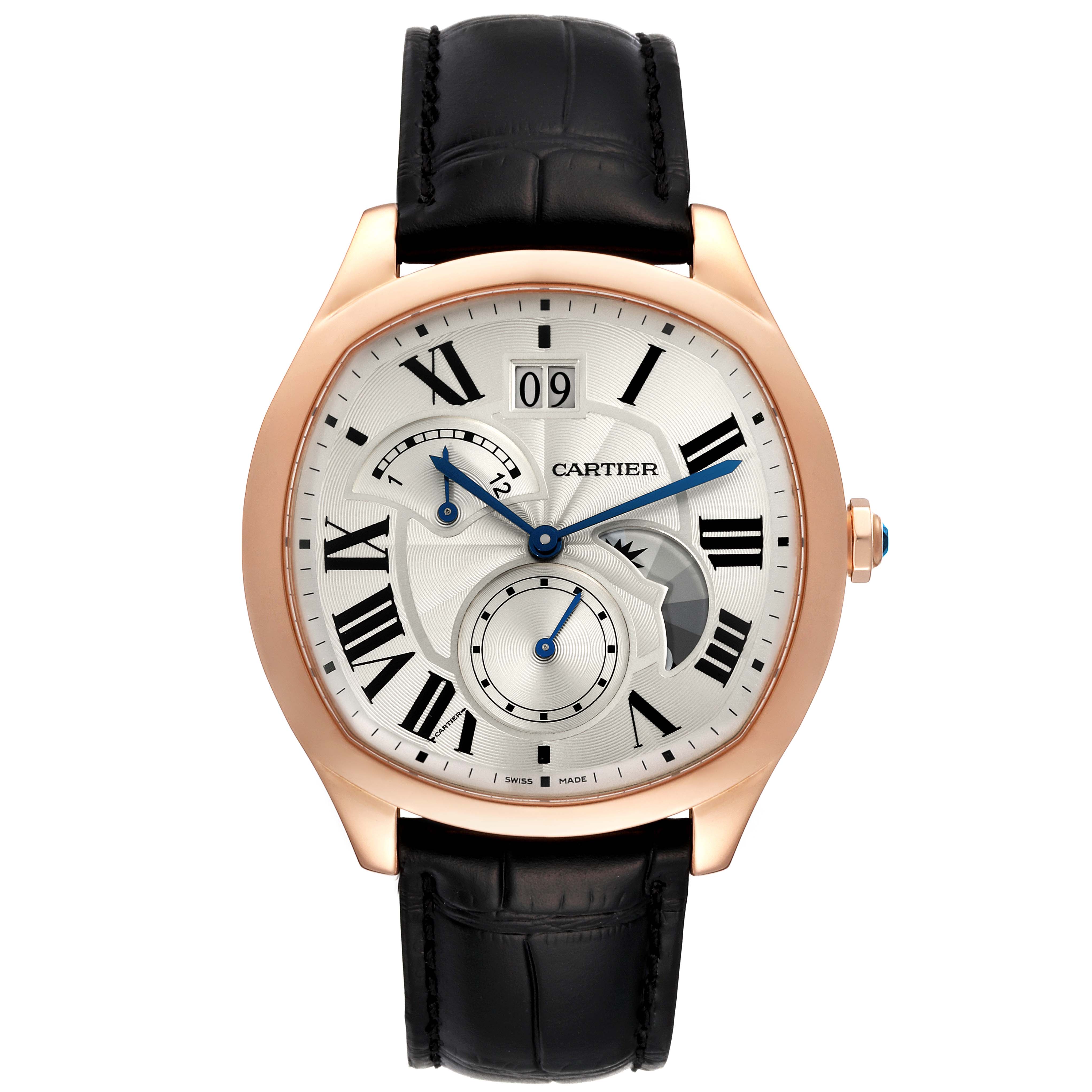 The image shows a front view of the Drive de Cartier watch by Cartier, highlighting the dial, Roman numerals, and leather strap.