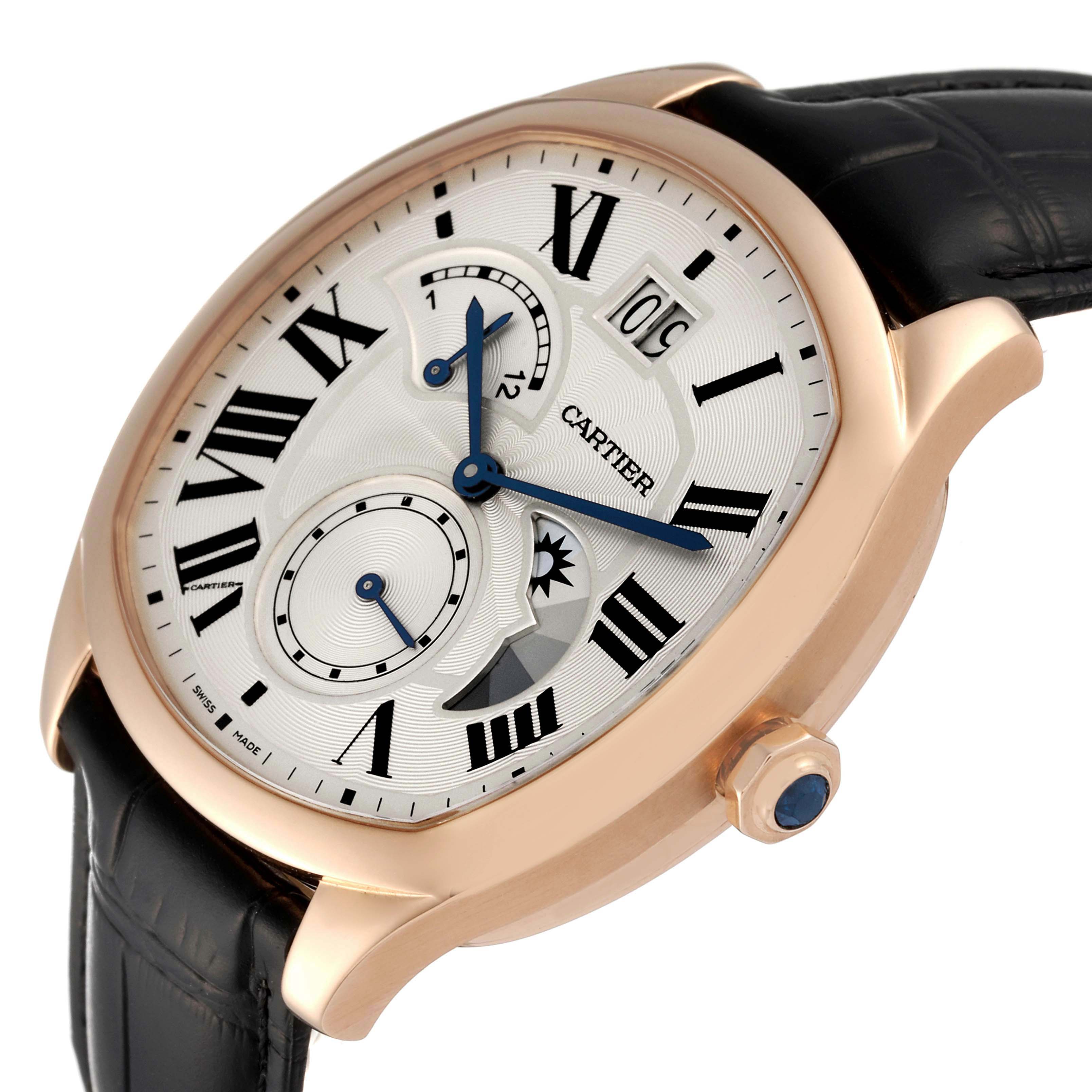 The image shows a Drive de Cartier watch by Cartier from an angle highlighting the watch face, crown, and leather strap.