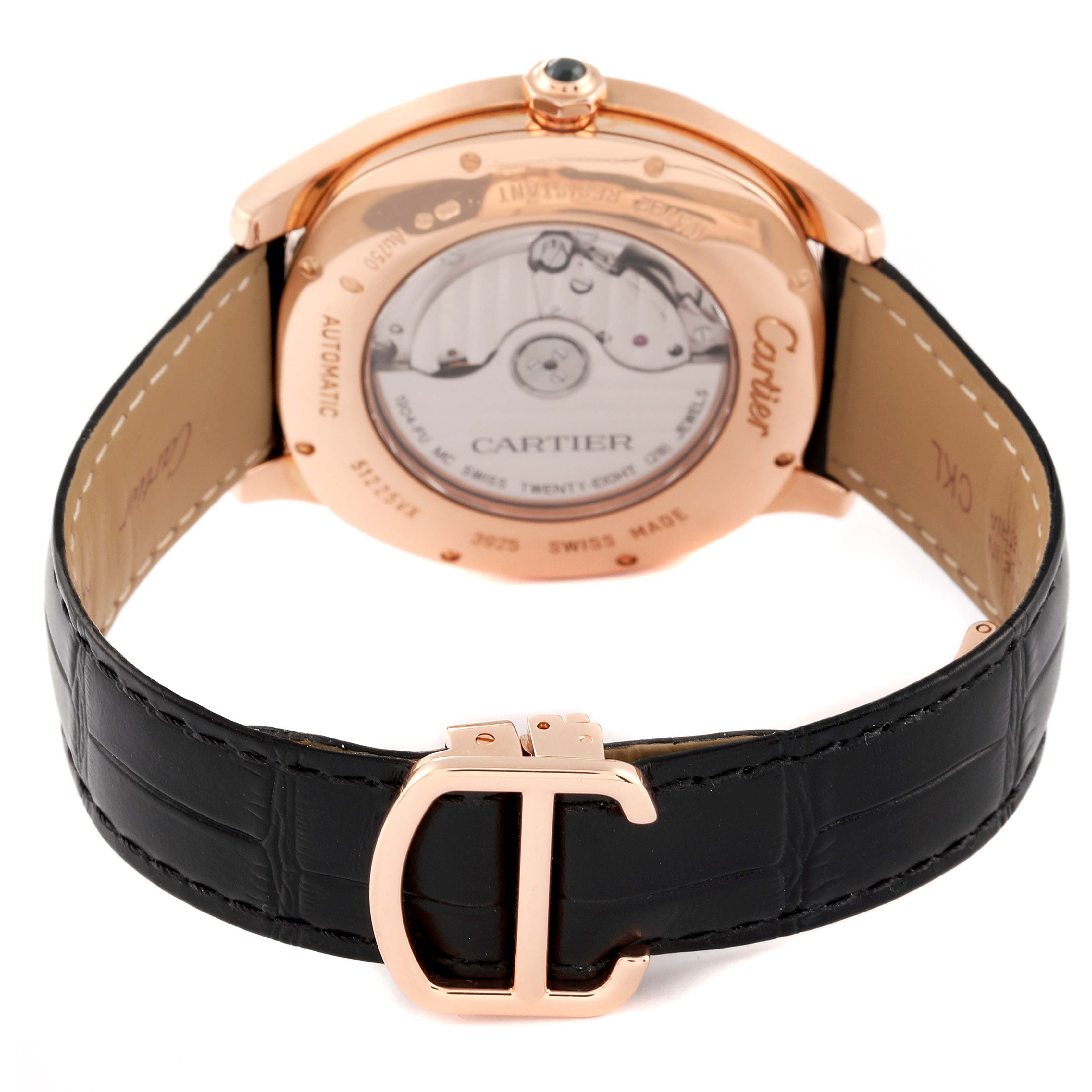 This image shows the back view of a Drive de Cartier watch by Cartier, highlighting the movement and leather strap with a distinctive buckle.