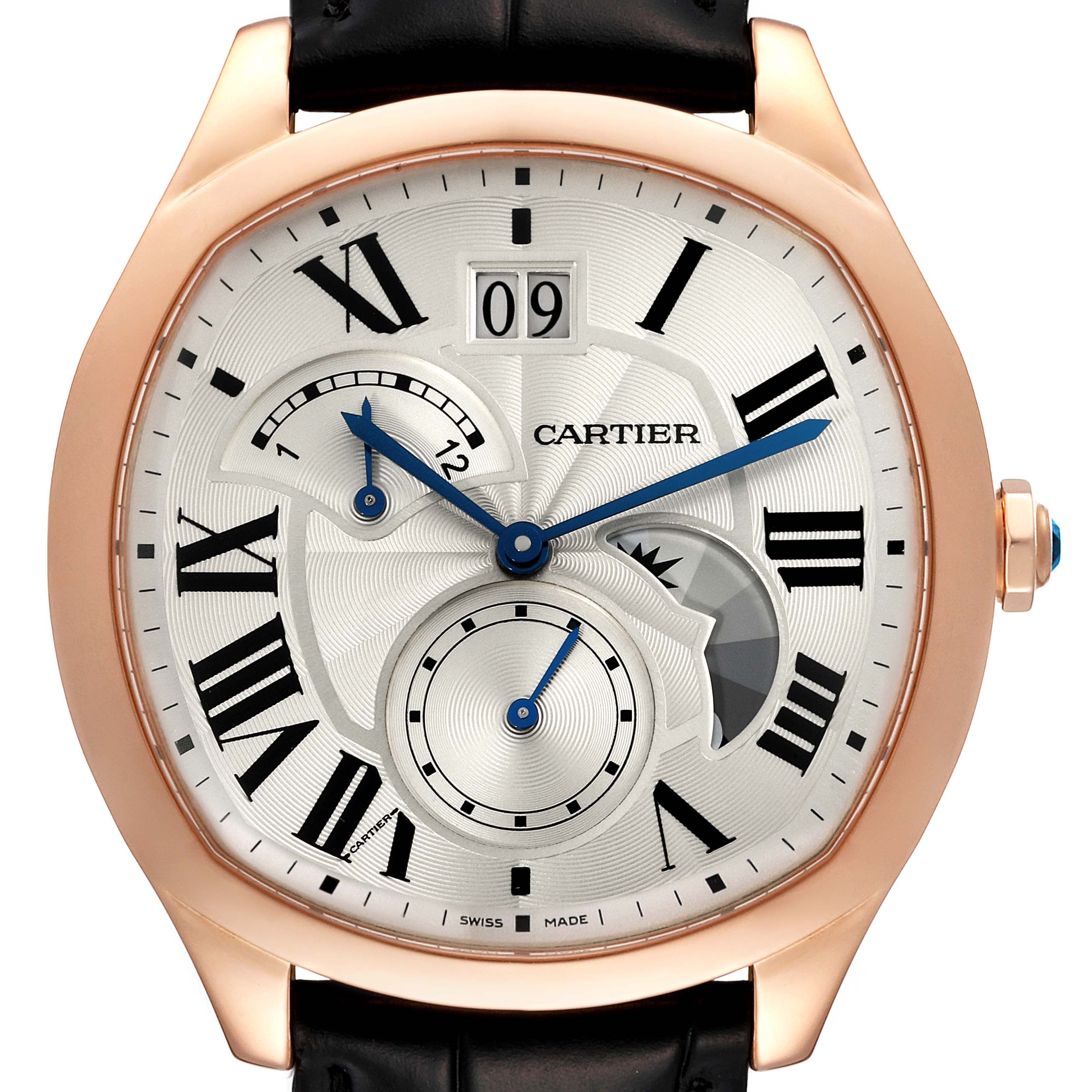 The image shows a close-up front view of a Drive de Cartier watch by Cartier, highlighting its dial, hands, subdials, and date window.