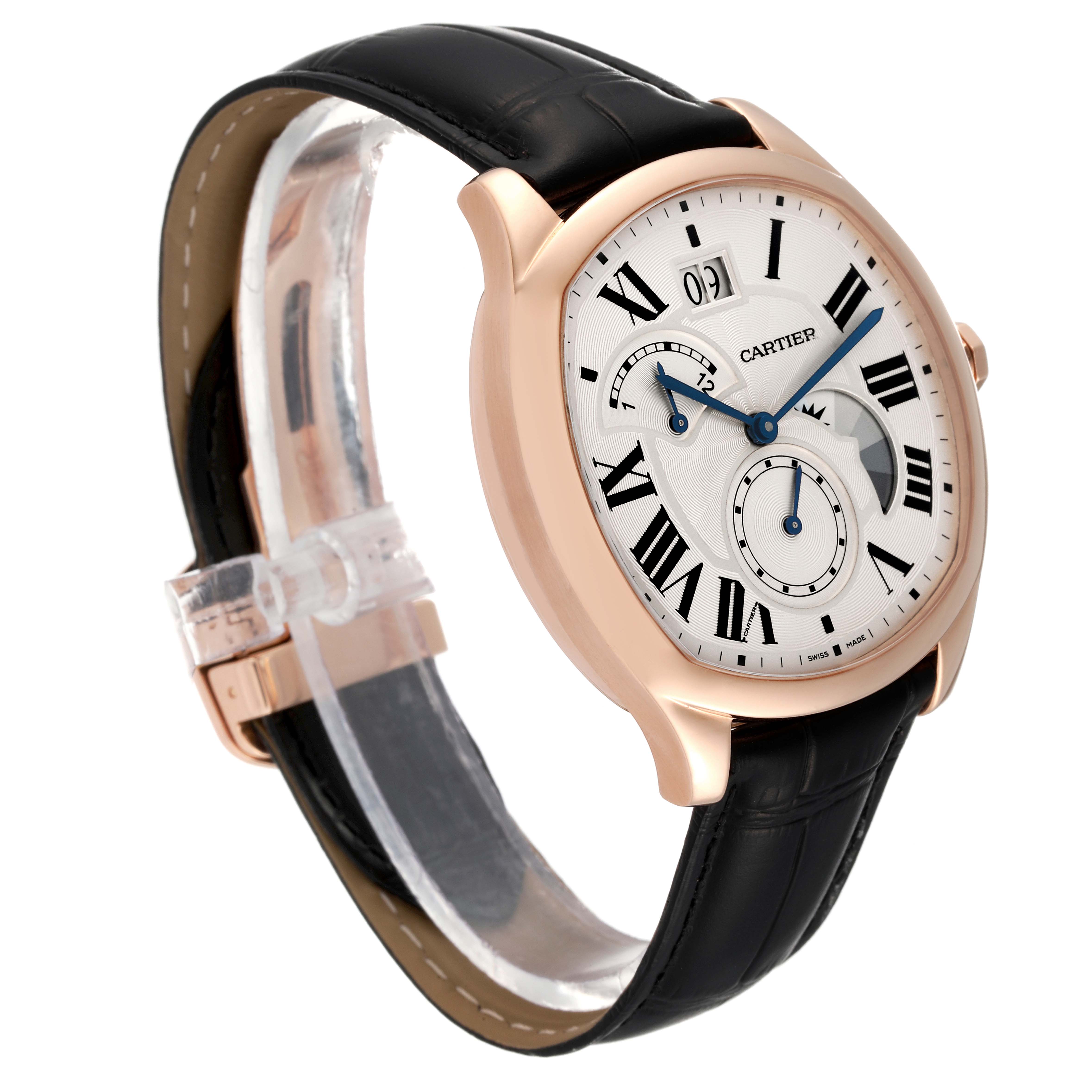 The Drive de Cartier watch by Cartier is shown at an angle highlighting its face, case, and part of the strap.