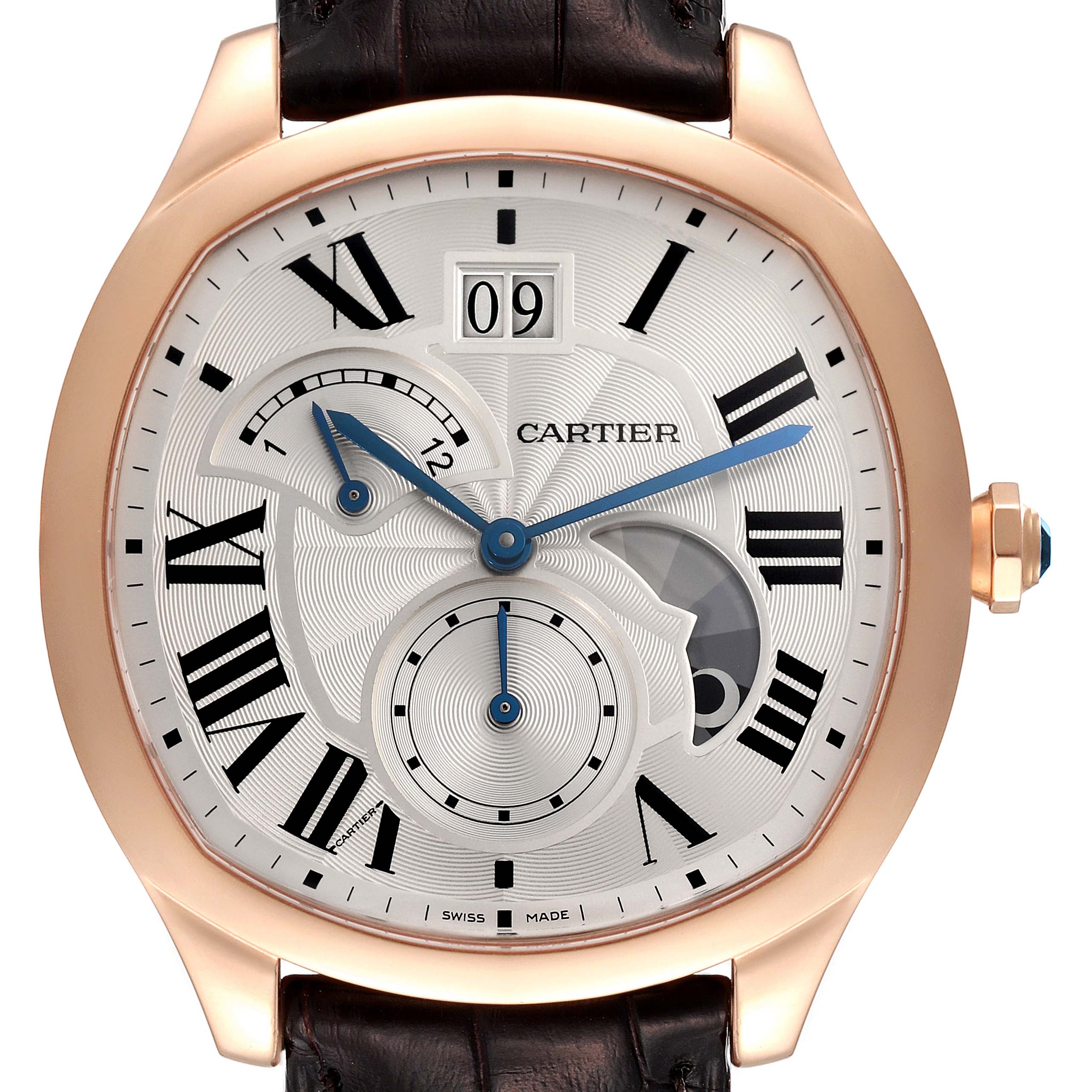 The image shows the face of a Drive de Cartier model by Cartier, featuring its dial, hands, and date display.