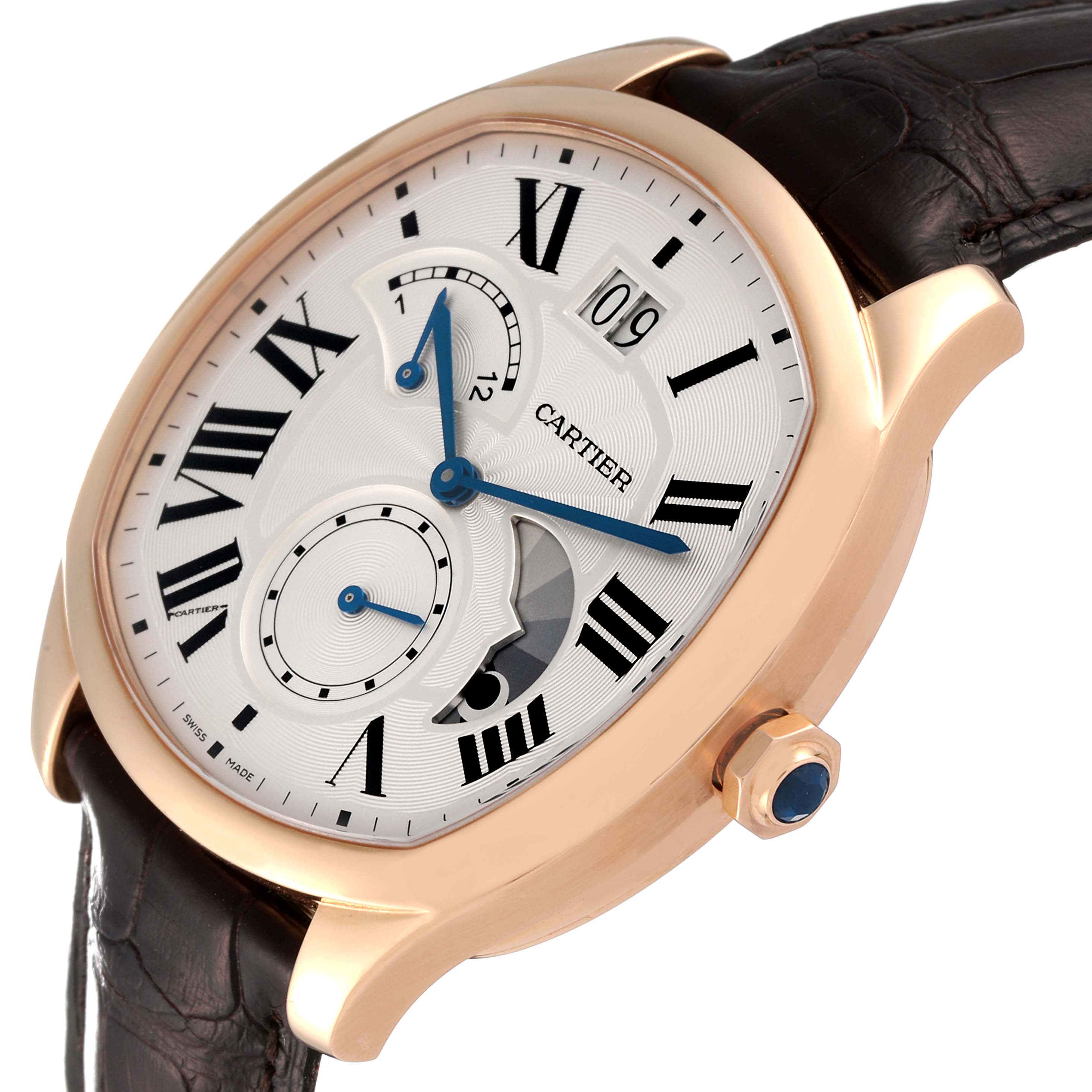 The Drive de Cartier watch is shown at a slight angle, highlighting the face, crown, and part of the leather strap.