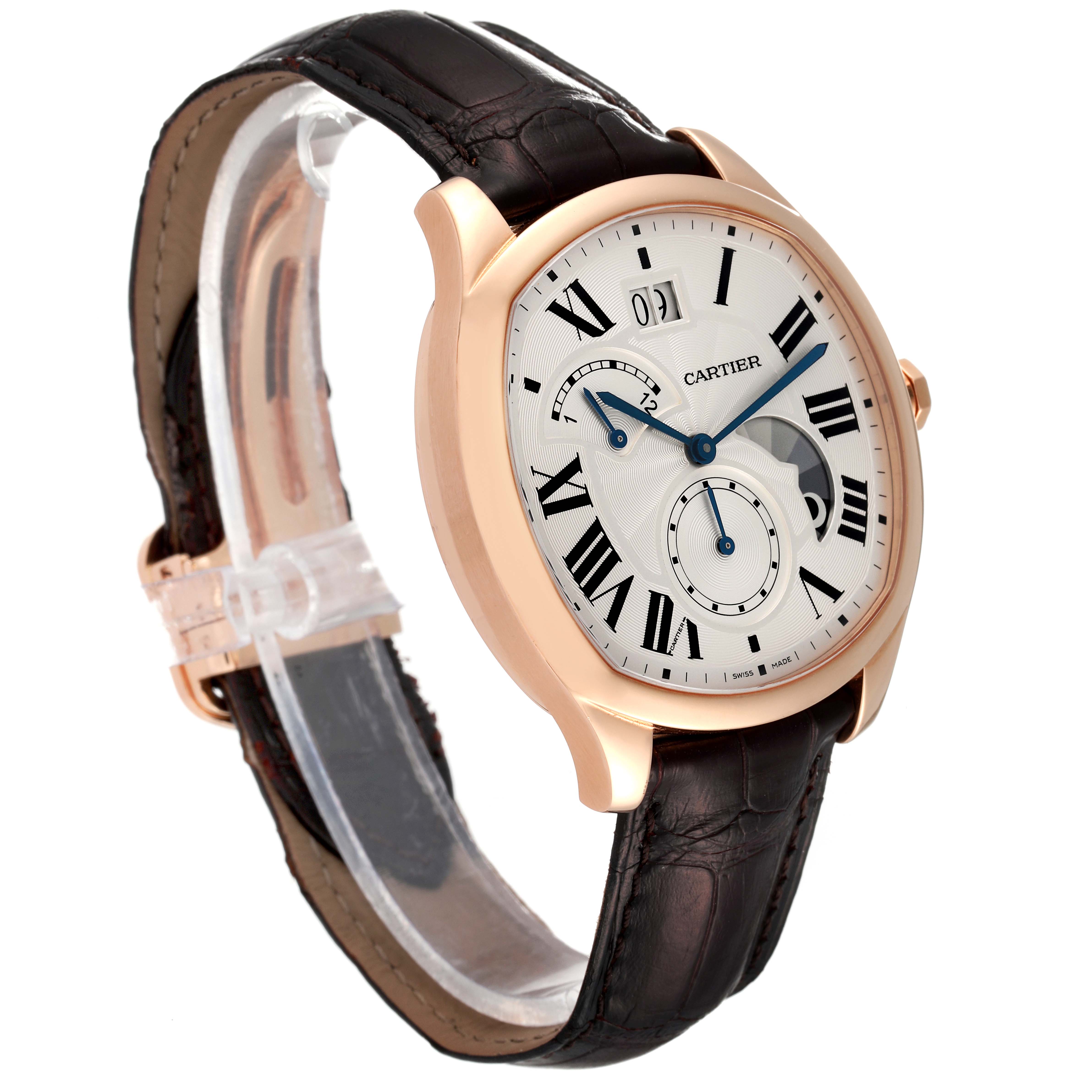 The Drive de Cartier watch by Cartier is shown at a slight angle, highlighting its face, case, and leather strap.