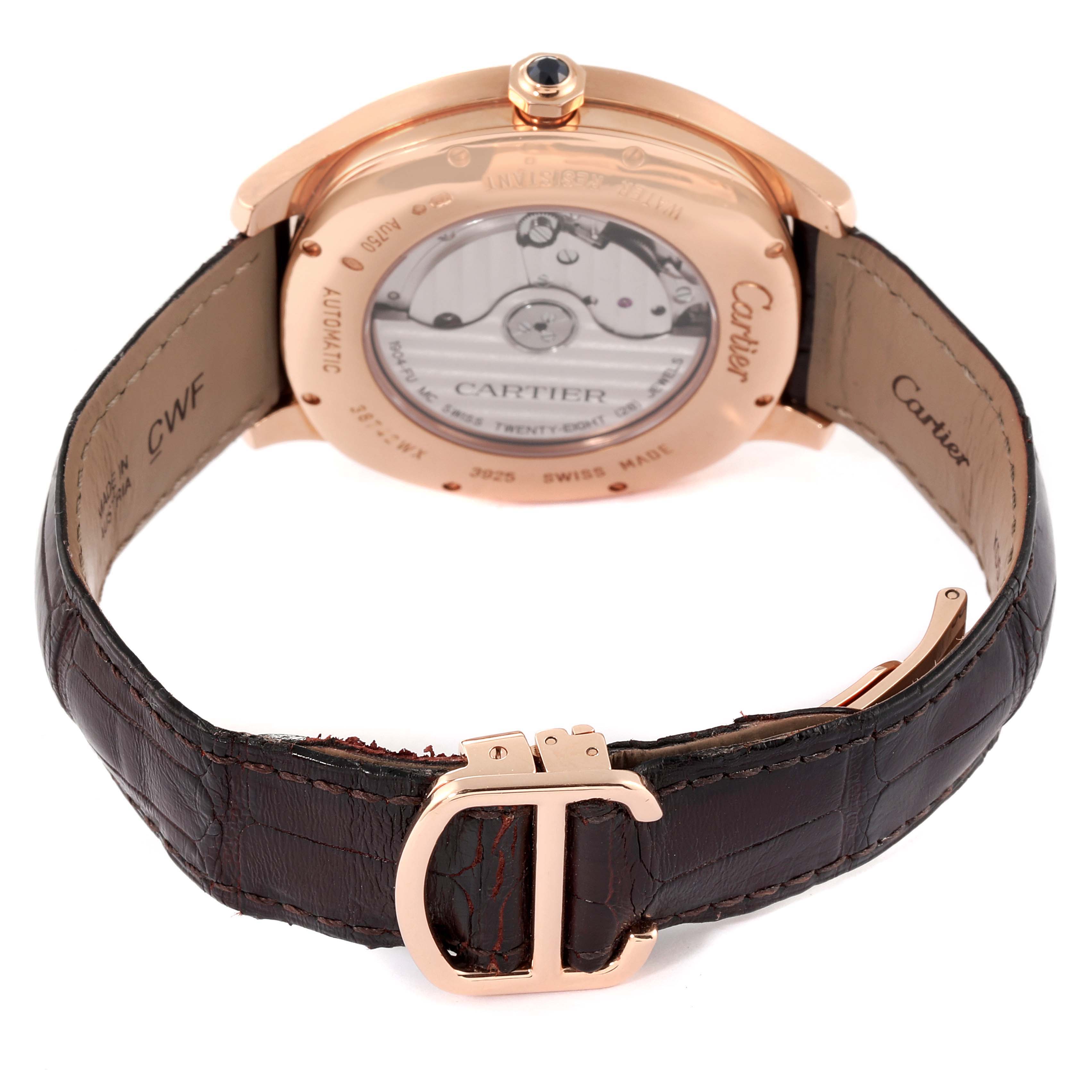 This image shows the back of the Drive de Cartier watch by Cartier, highlighting the movement and the strap with its buckle.