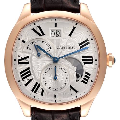 The image shows a close-up of the Cartier Drive de Cartier watch, displaying its dial and case.