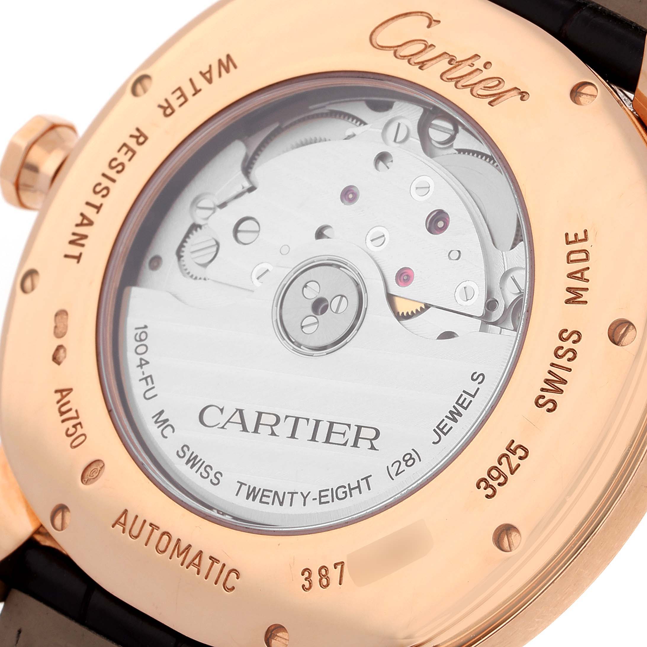 The image shows the back of the Drive de Cartier watch by Cartier, highlighting its automatic movement and intricate mechanism.