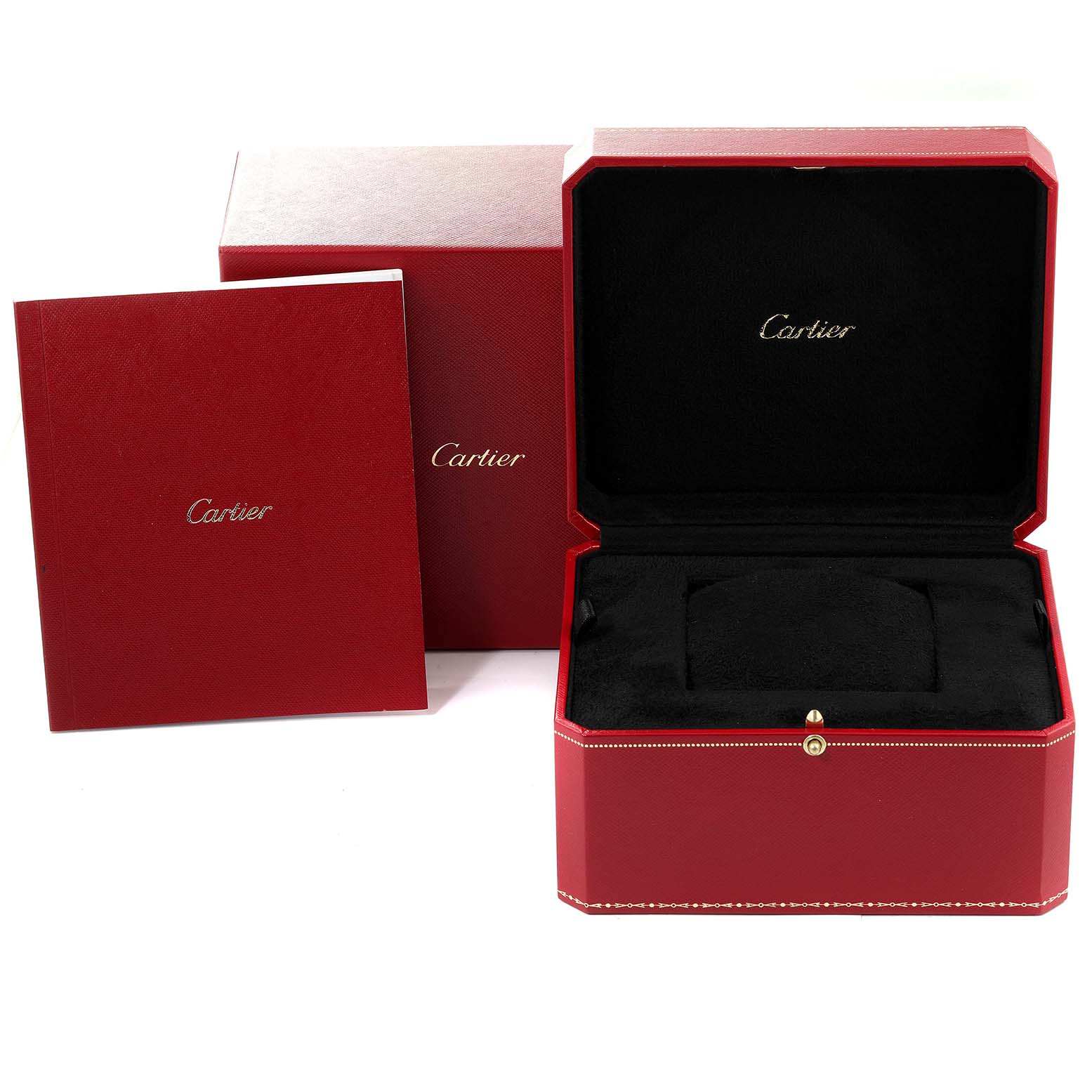 The image shows the Drive de Cartier watch packaging, including a red box, an open case, and a booklet.