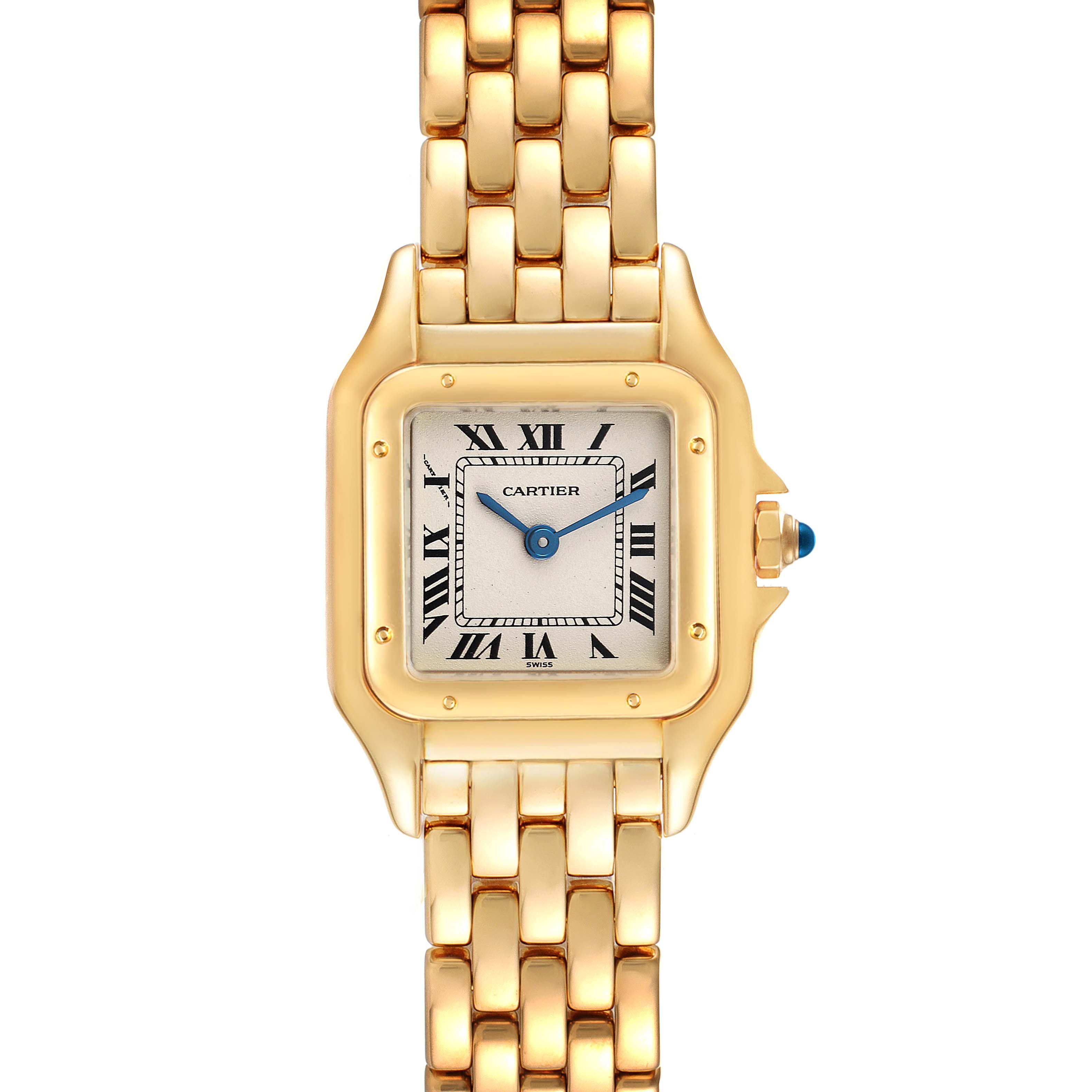 The image shows a front view of the Cartier Panthere W25022B9 Women's Yellow Gold Silver Dial W25022B9 Women's Yellow Gold Silver Dial watch, highlighting its gold case, bracelet, and Roman numeral dial.