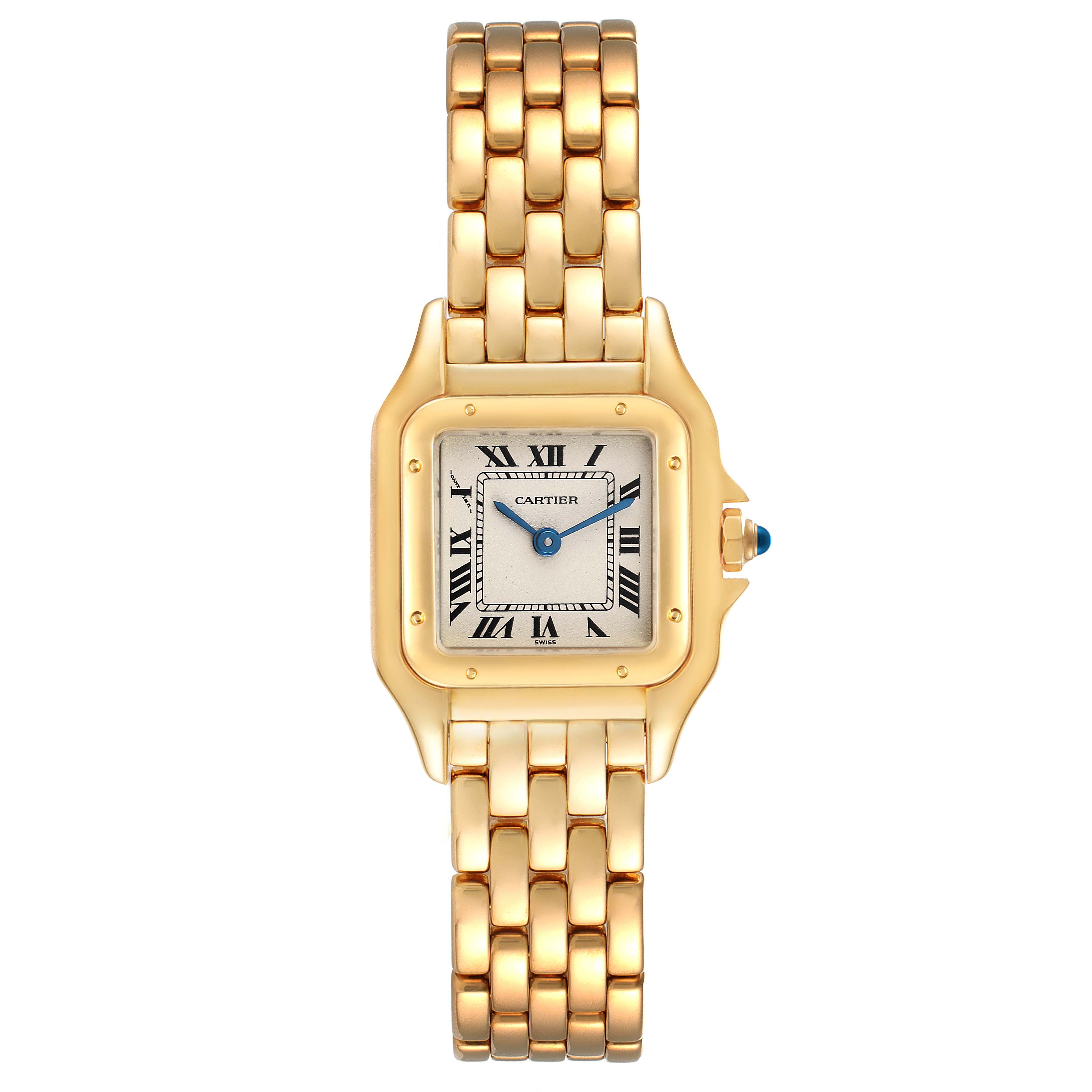 The image shows a Panthere model by Cartier from a top view, highlighting its gold bracelet, square face, and roman numeral dial.
