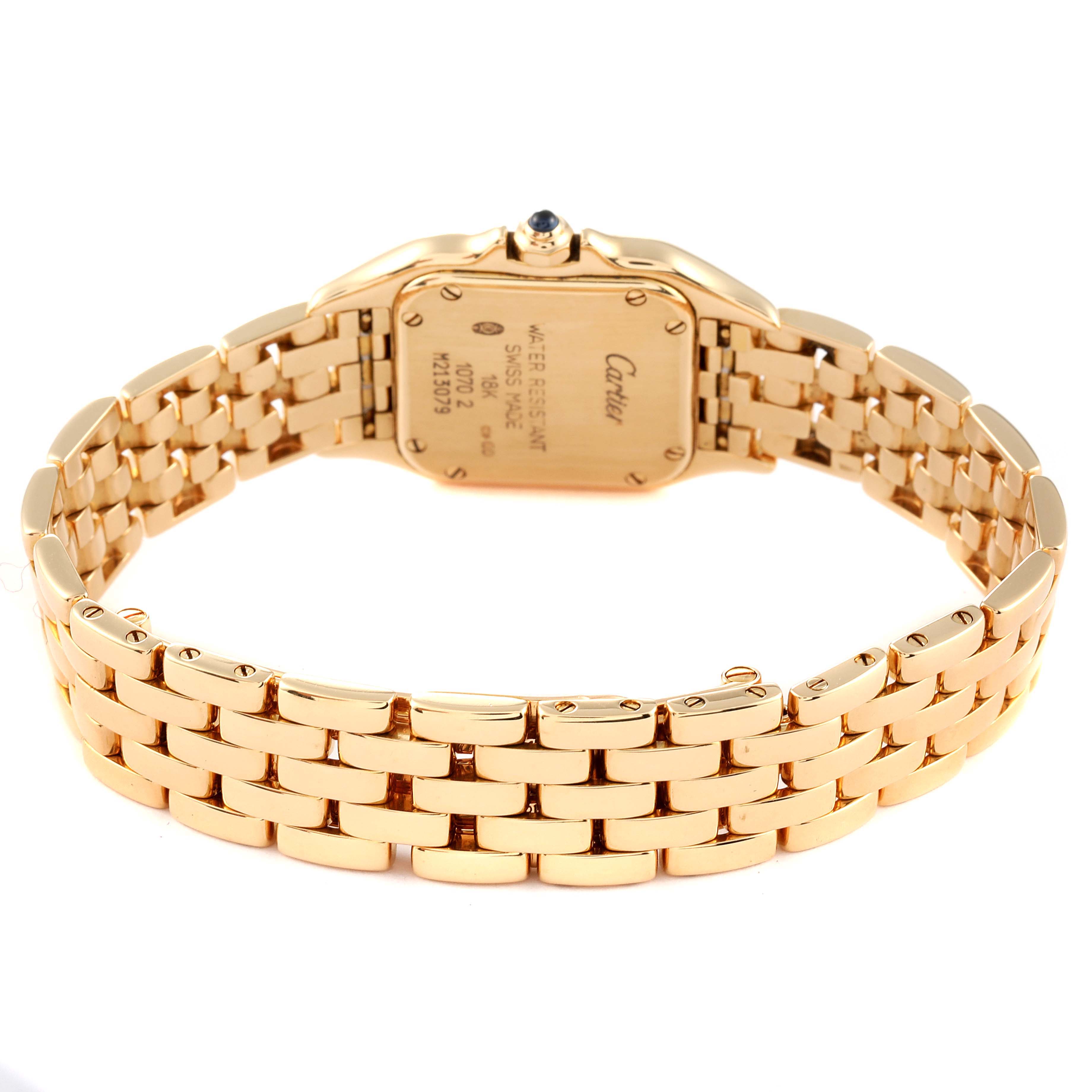 This image shows the back view of a Cartier Panthere W25022B9 Women's Yellow Gold Silver Dial W25022B9 Women's Yellow Gold Silver Dial watch, highlighting its gold bracelet and case back.