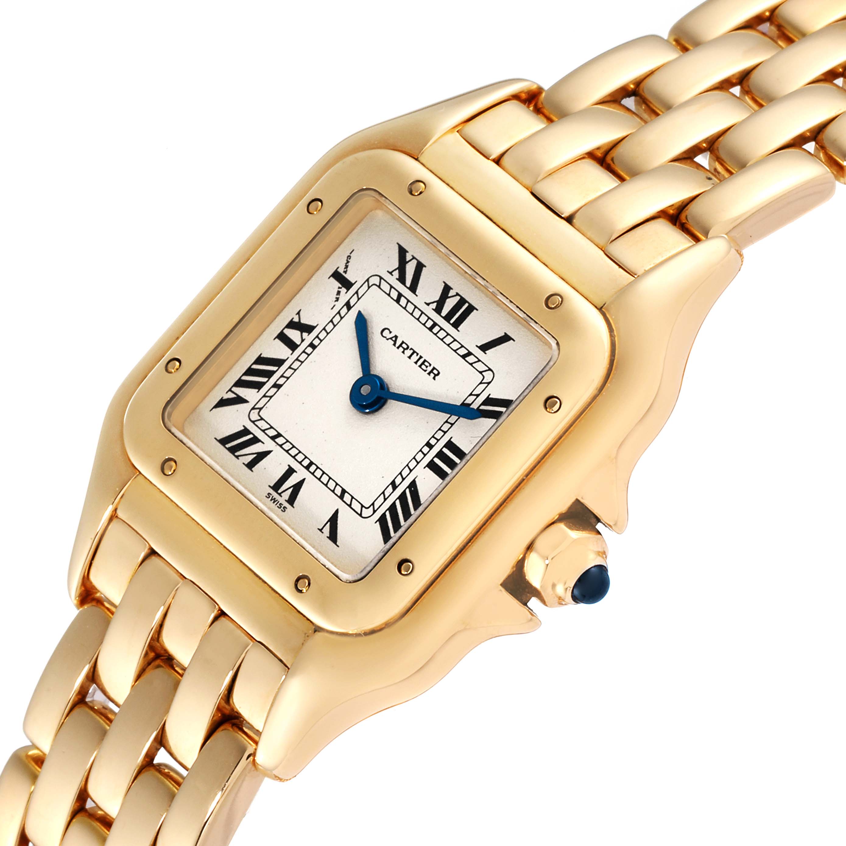 The image shows a close-up of the Cartier Panthere W25022B9 Women's Yellow Gold Silver Dial W25022B9 Women's Yellow Gold Silver Dial watch, highlighting the face, bezel, and part of the gold band.