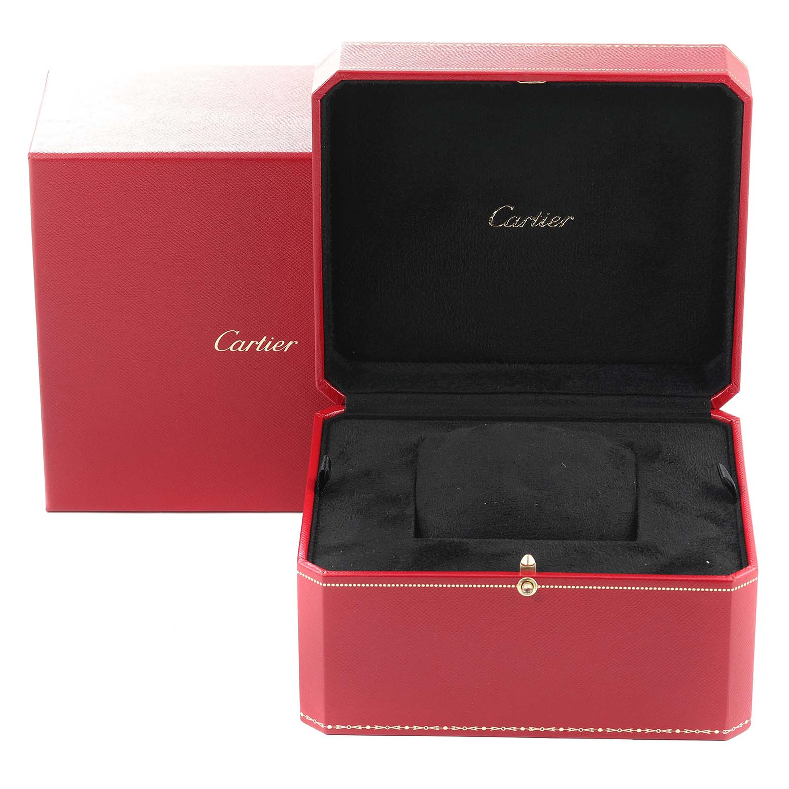 The image shows an open watch box for the Cartier Ronde WR007001 Men's Rose Gold Silver Dial WR007001 Men's Rose Gold Silver Dial model, with the brand name displayed inside and outside the red case.