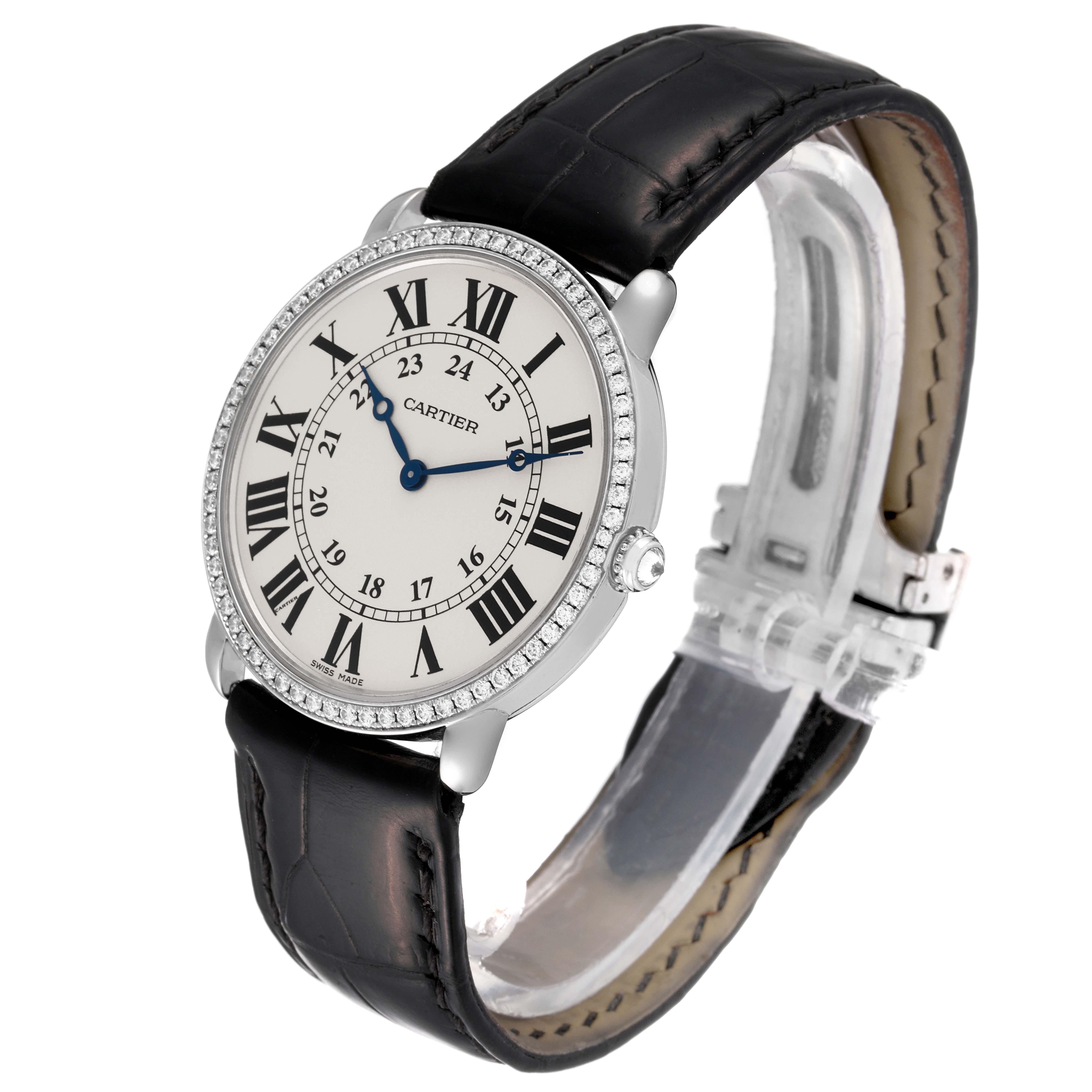 The Cartier Ronde WR000551 Women's White Gold Silver Dial WR000551 Women's White Gold Silver Dial watch is shown at a slight angle, displaying the dial, bezel, case, and part of the strap and buckle.