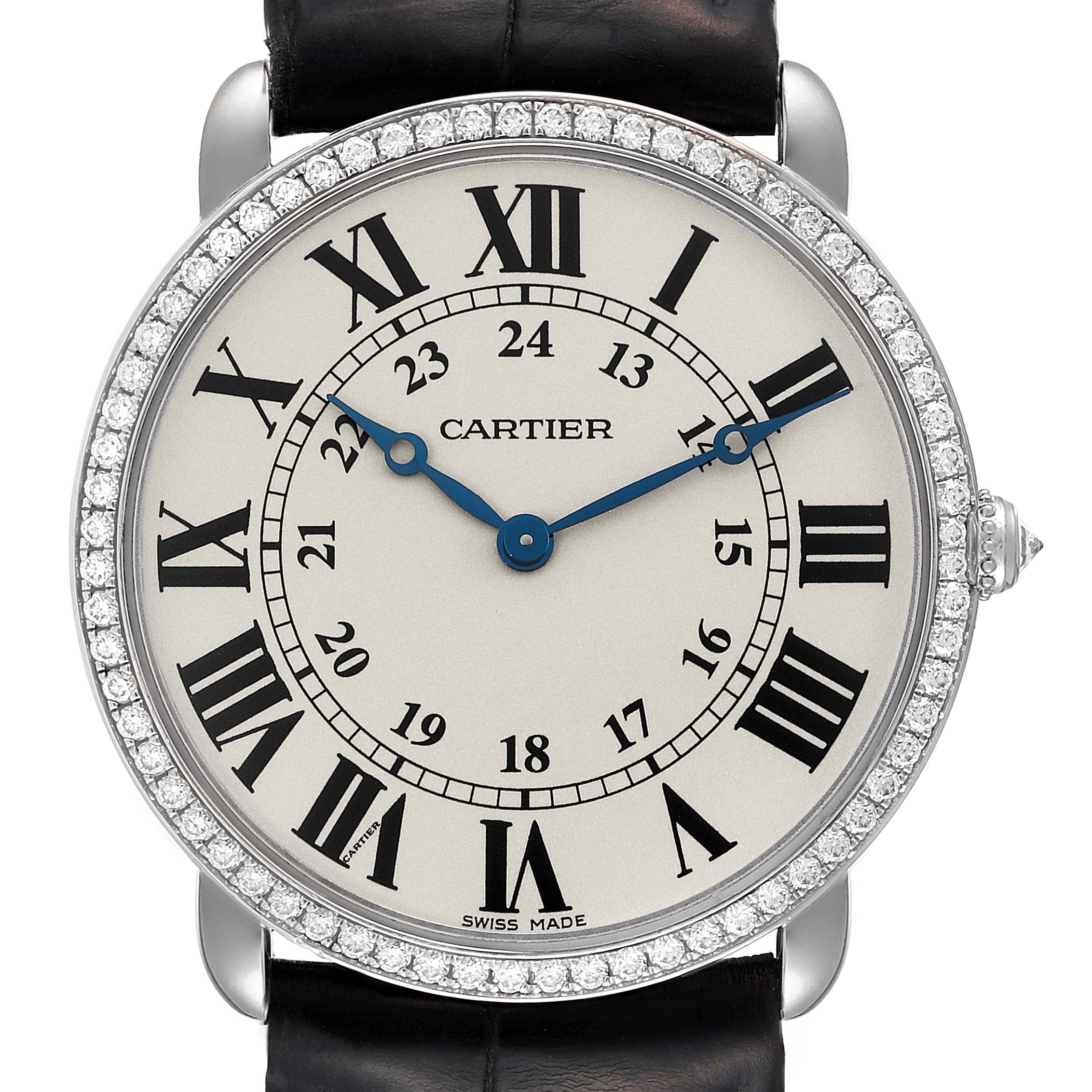 This image shows a frontal view of the Cartier Ronde WR000551 Women's White Gold Silver Dial WR000551 Women's White Gold Silver Dial model watch, highlighting its face, Roman numerals, and leather strap.
