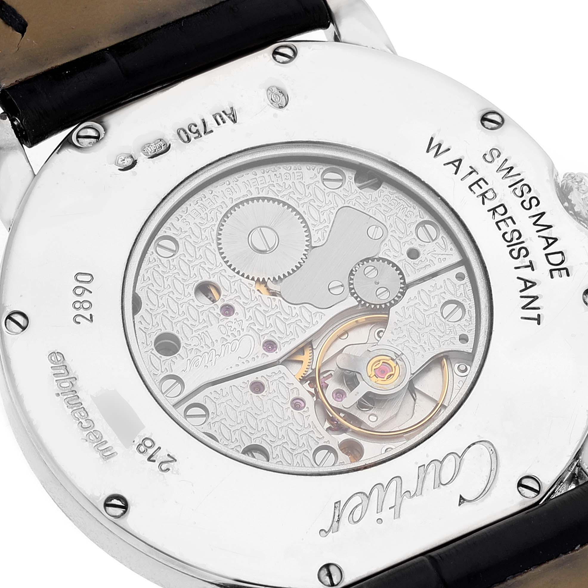 This image shows the back case and movement of the Cartier Ronde WR000551 Women's White Gold Silver Dial WR000551 Women's White Gold Silver Dial watch, viewed from a close-up angle.