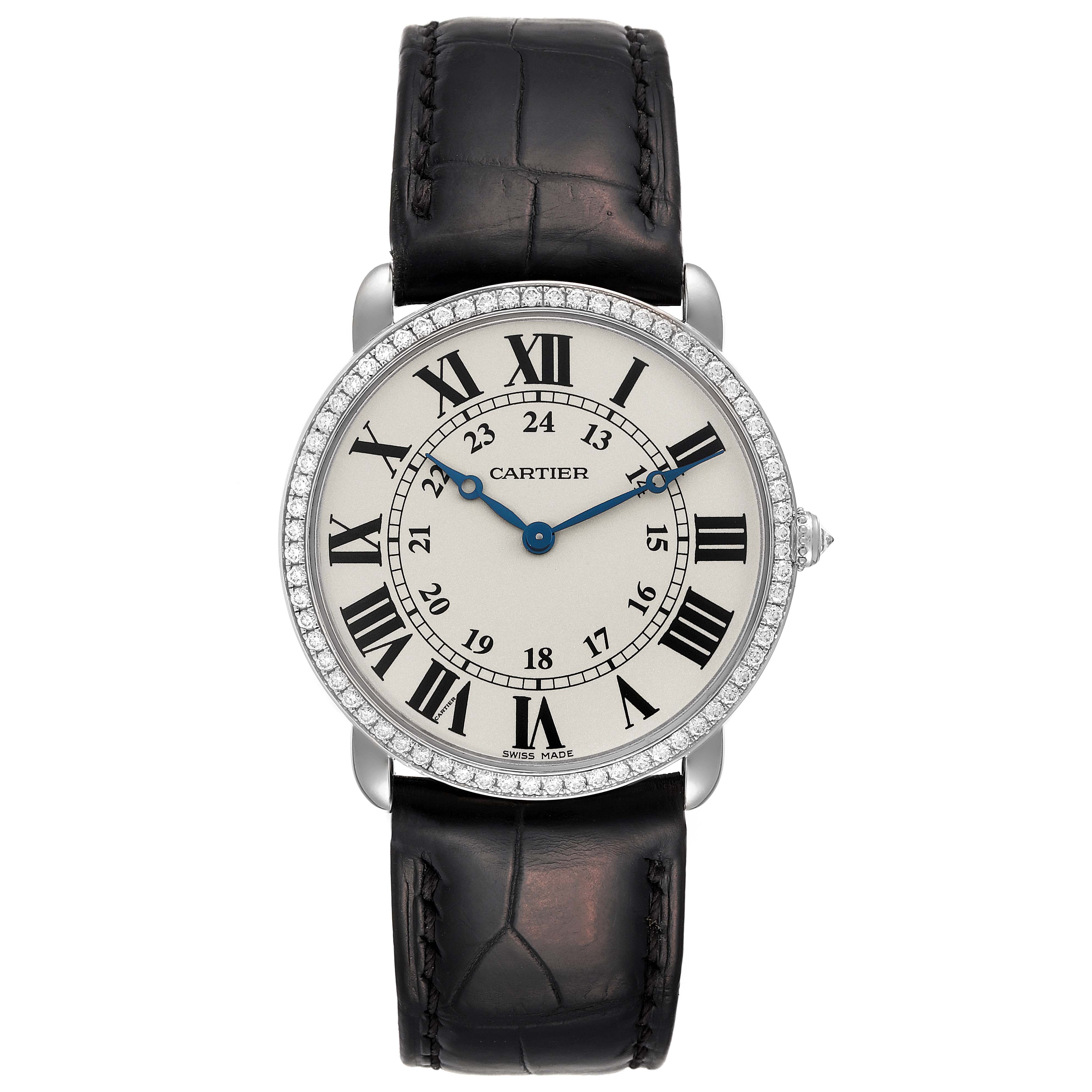 The image shows a front view of the Cartier Ronde WR000551 Women's White Gold Silver Dial WR000551 Women's White Gold Silver Dial model watch with a white dial, Roman numerals, and a black leather strap.