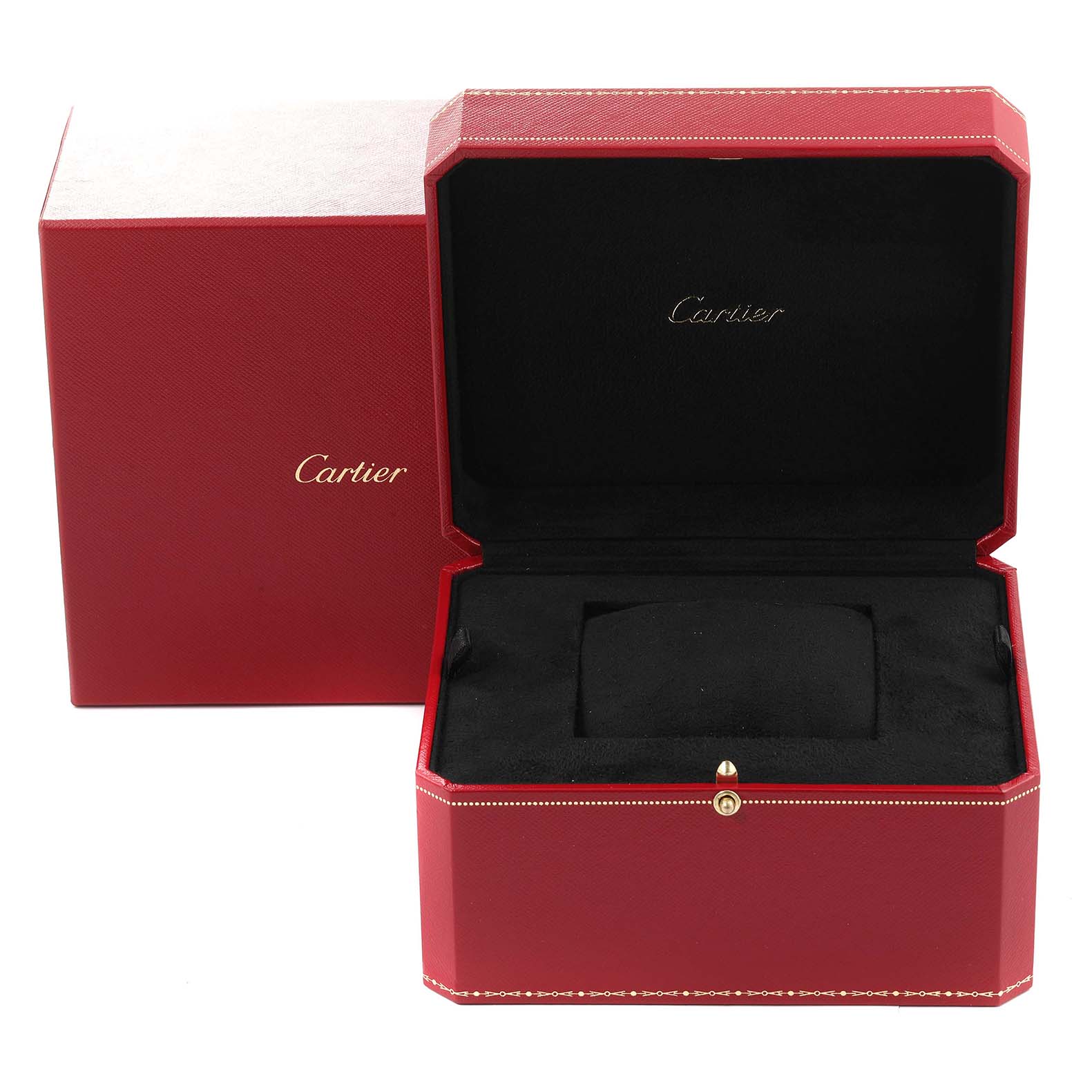 The image shows an open red Cartier watch box for the Ronde model, displaying its interior cushion and exterior logo.