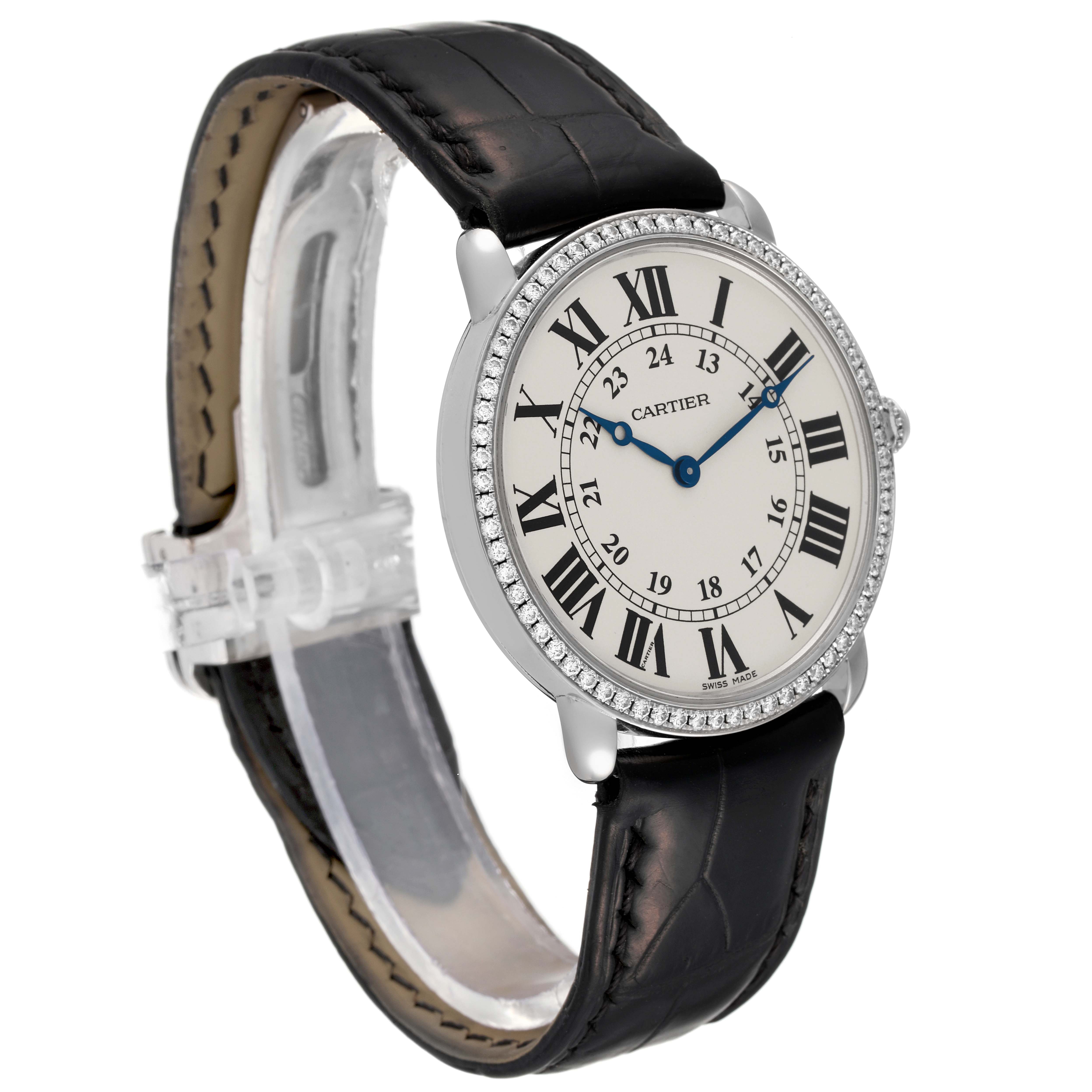 The image shows a side-angle view of a Cartier Ronde WR000551 Women's White Gold Silver Dial WR000551 Women's White Gold Silver Dial watch, highlighting its dial, case, and strap.