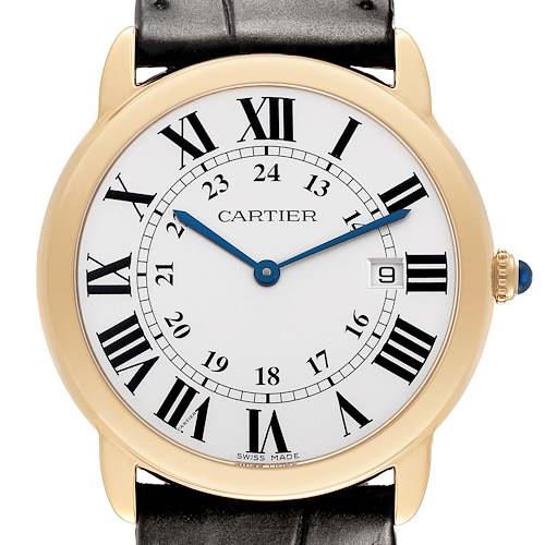 The Cartier Ronde W6700455 Men's Yellow Gold Silver Dial watch is shown from a front angle, displaying its dial, Roman numerals, and crown.
