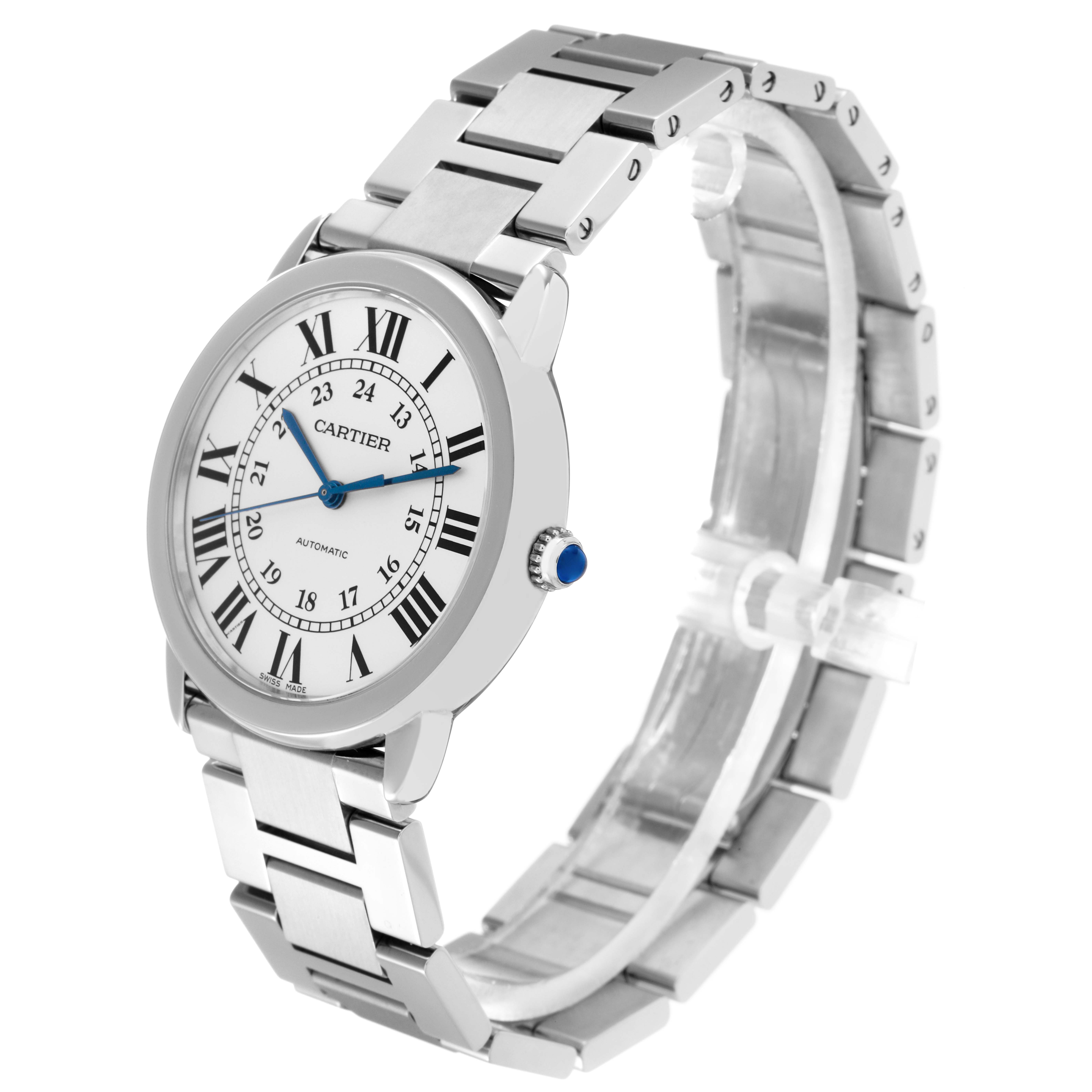 The Cartier Ronde model WSRN0012 men's watch is shown at a three-quarter angle, displaying the face, bracelet, and side profile with crown details.