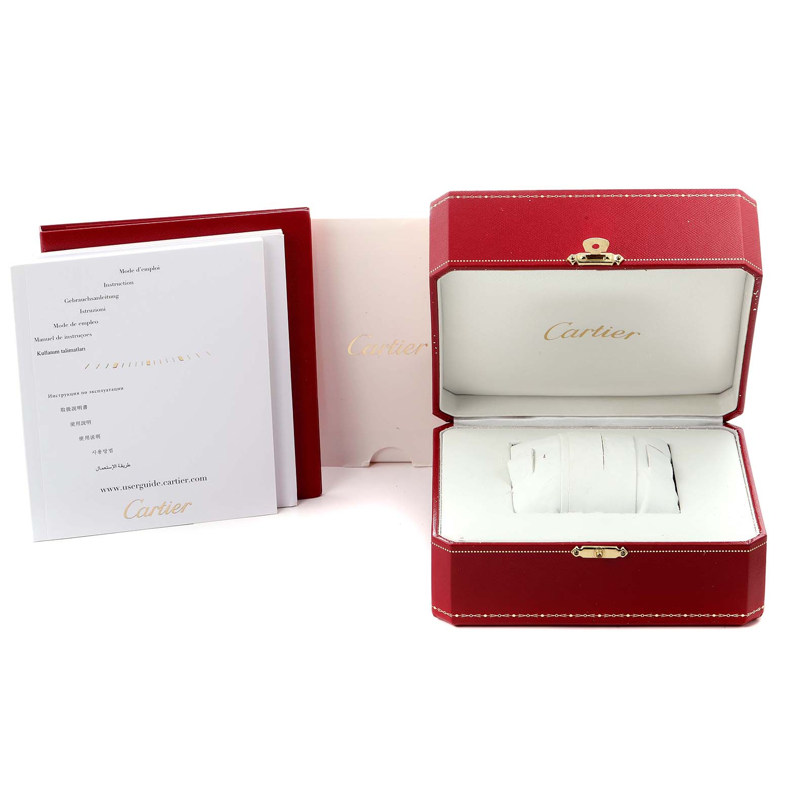 The image shows a Cartier Ronde model WSRN0012 men's watch box and documents, taken from a frontal angle, displaying the open box and accompanying papers.