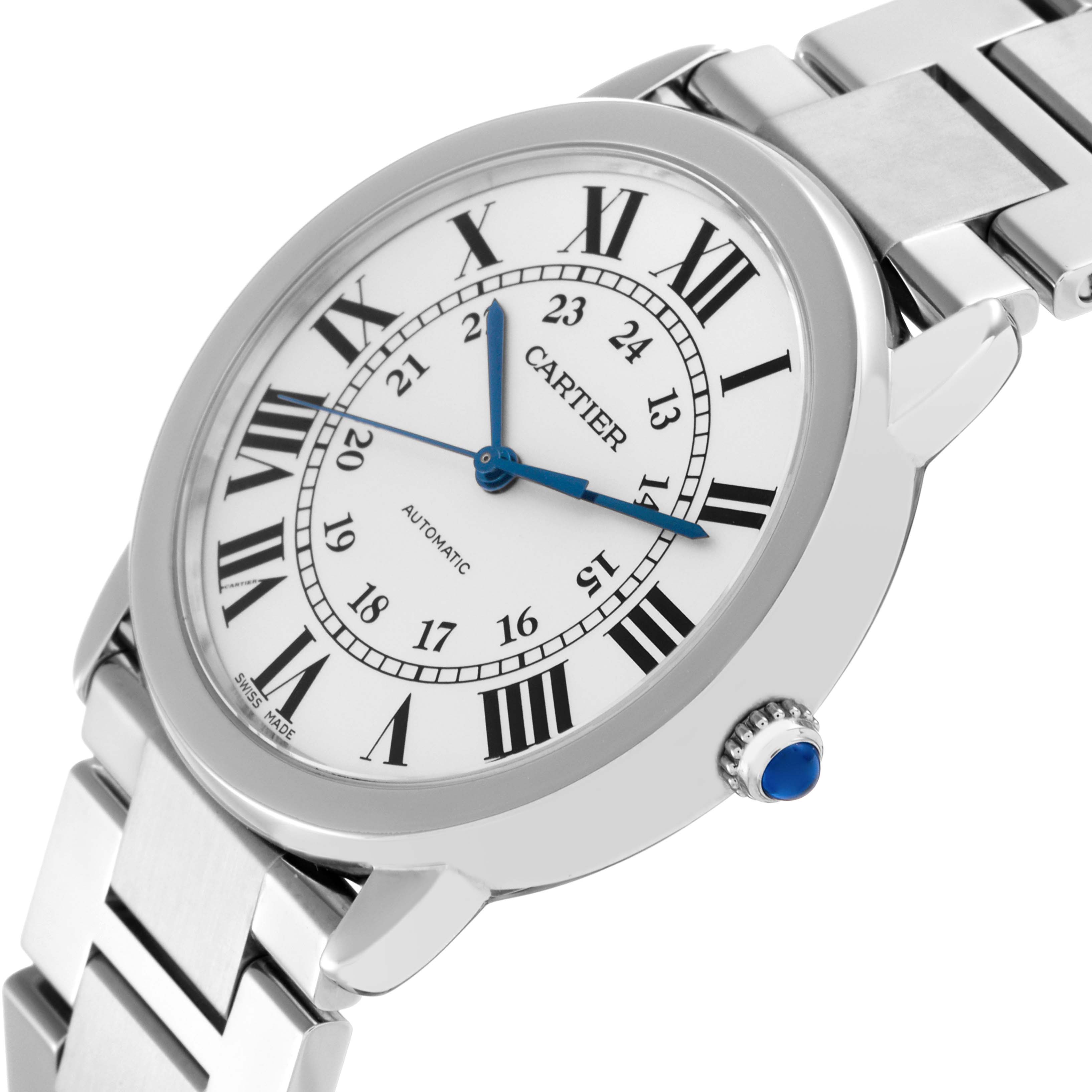 The Cartier Ronde WSRN0012 men's watch is shown at a slight side angle, displaying the face, Roman numerals, blued hands, bezel, crown, and part of the metal bracelet.