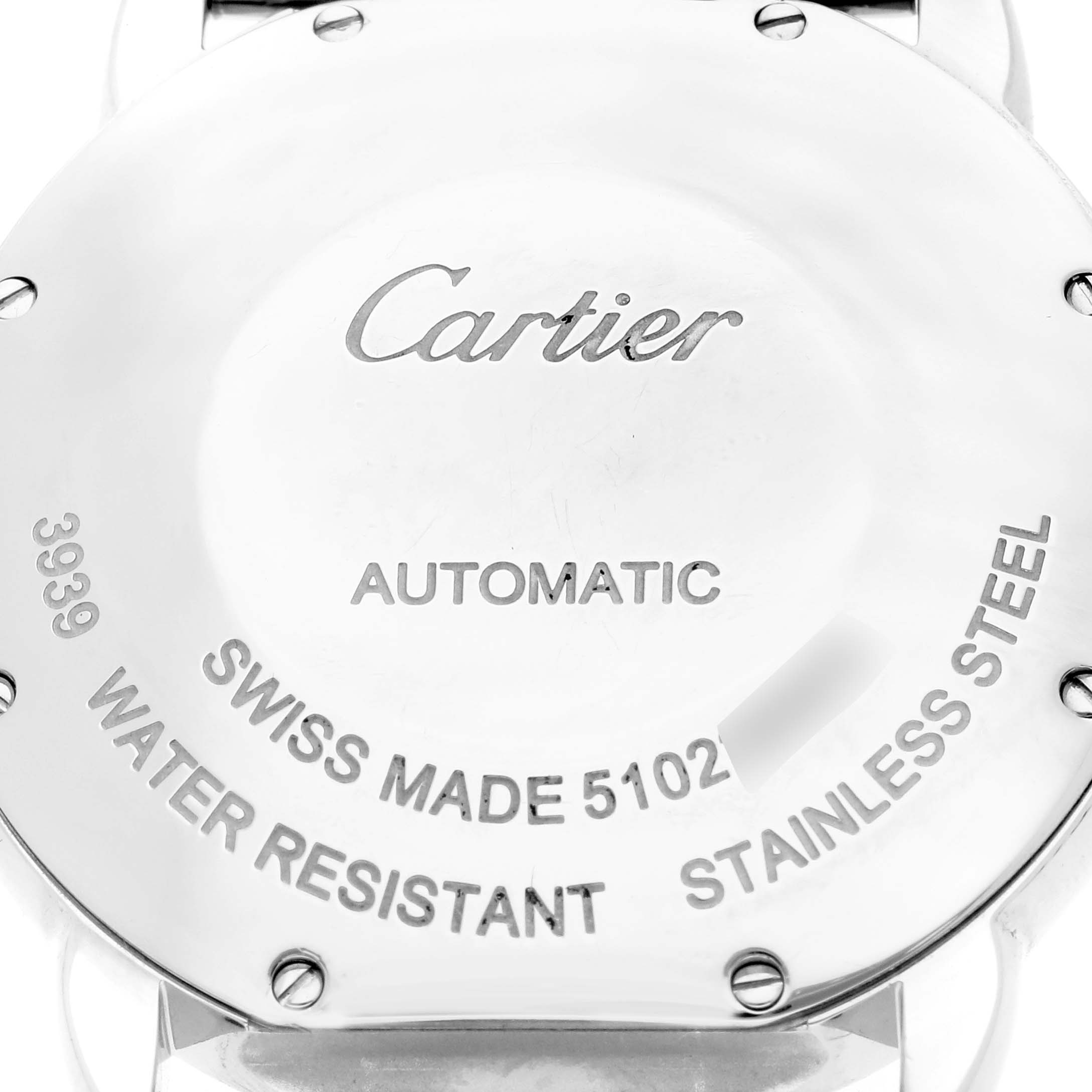 The image shows the back of the Cartier Ronde model, model number WSRN0012, highlighting inscriptions and screw details.