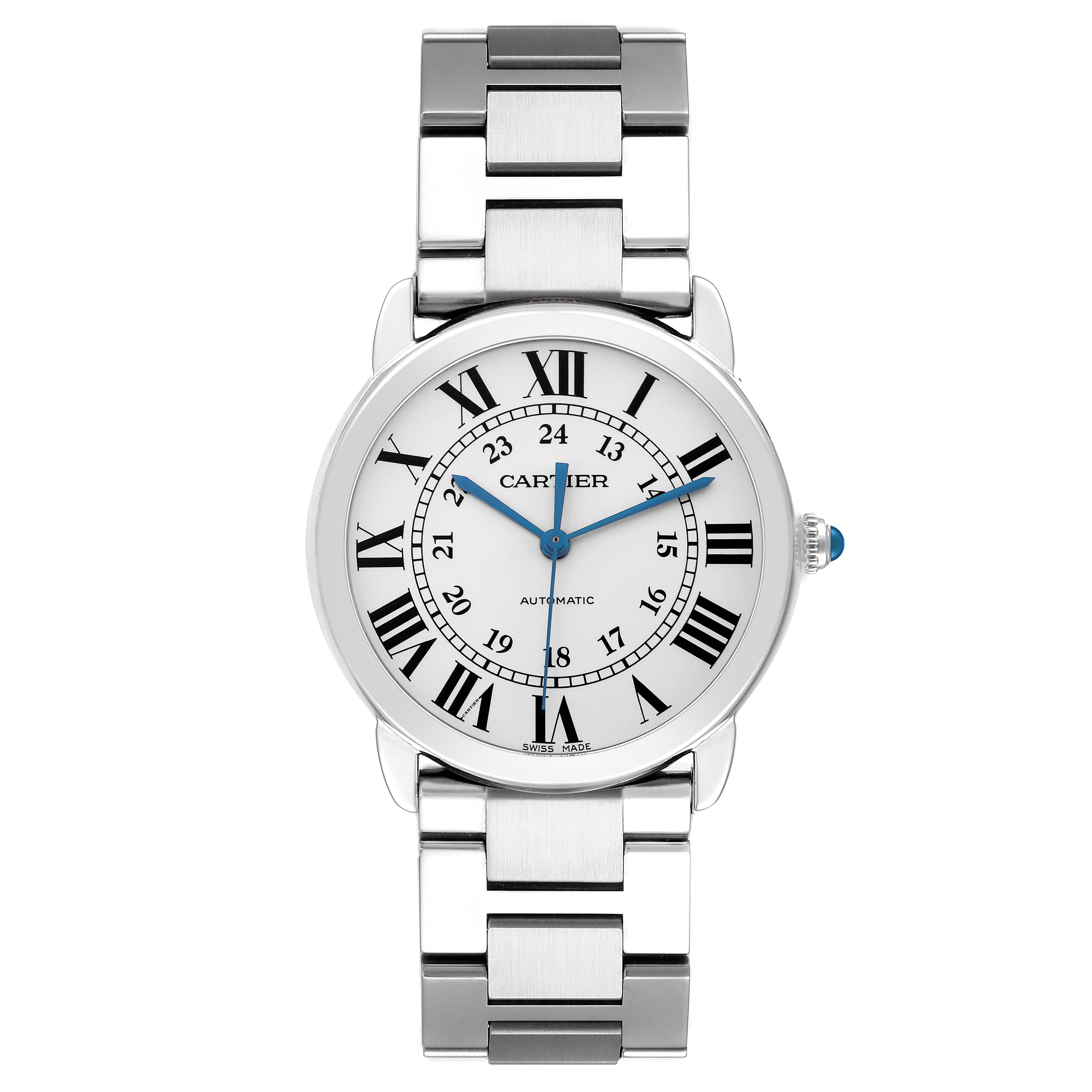 The Cartier Ronde WSRN0012 men's watch is shown from the front, displaying the face, Roman numerals, blue hands, and part of the metal bracelet.