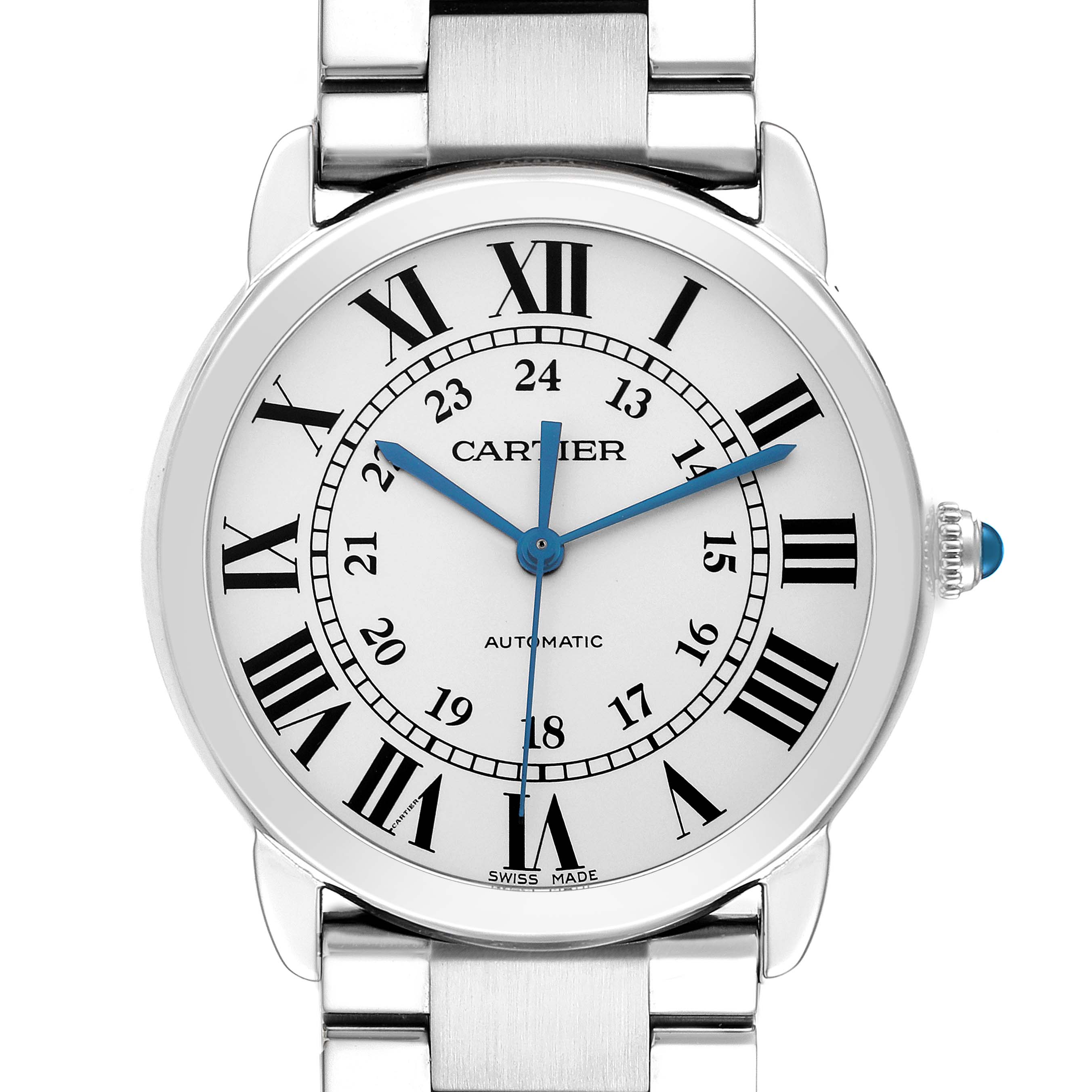 The image shows a frontal view of the Cartier Ronde model watch, model number WSRN0012, highlighting the dial with blue hands, Roman numerals, and part of the bracelet.