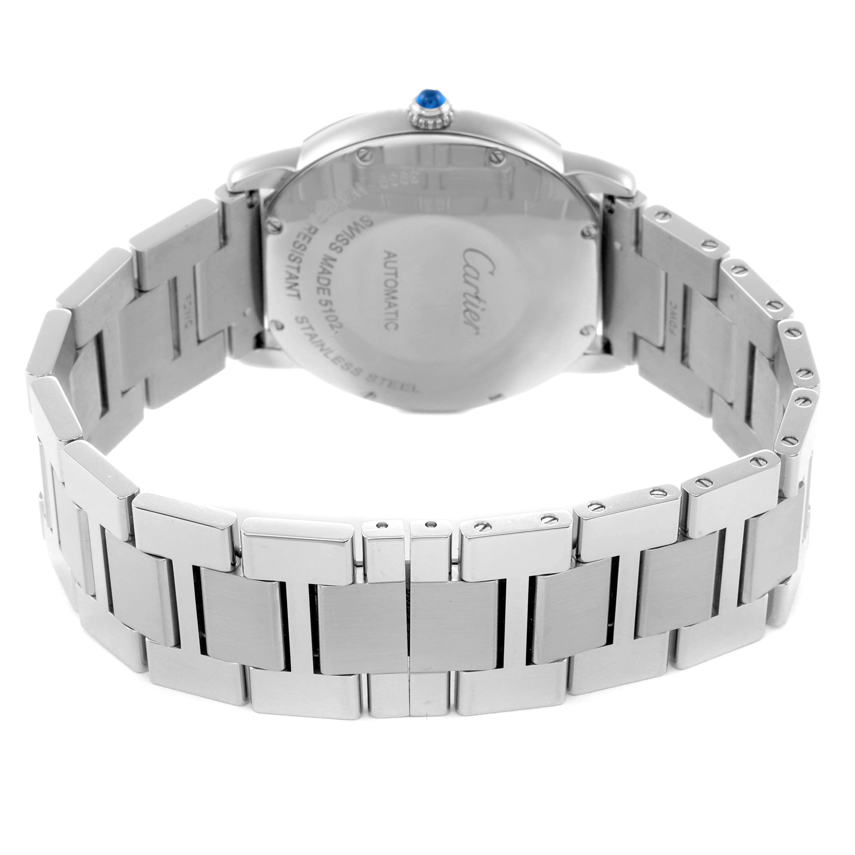 The image shows the back of the Cartier Ronde WSRN0012 men’s watch, highlighting its stainless steel bracelet and case back with a visible crown.