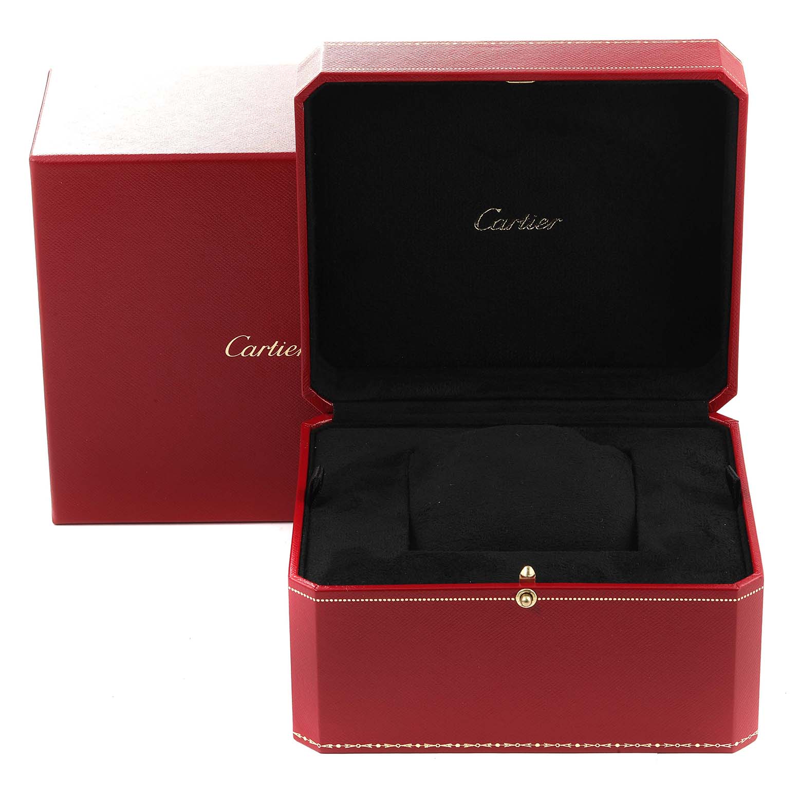 The image shows an open Cartier watch box for the Rotonde model, highlighting its black interior and red exterior.