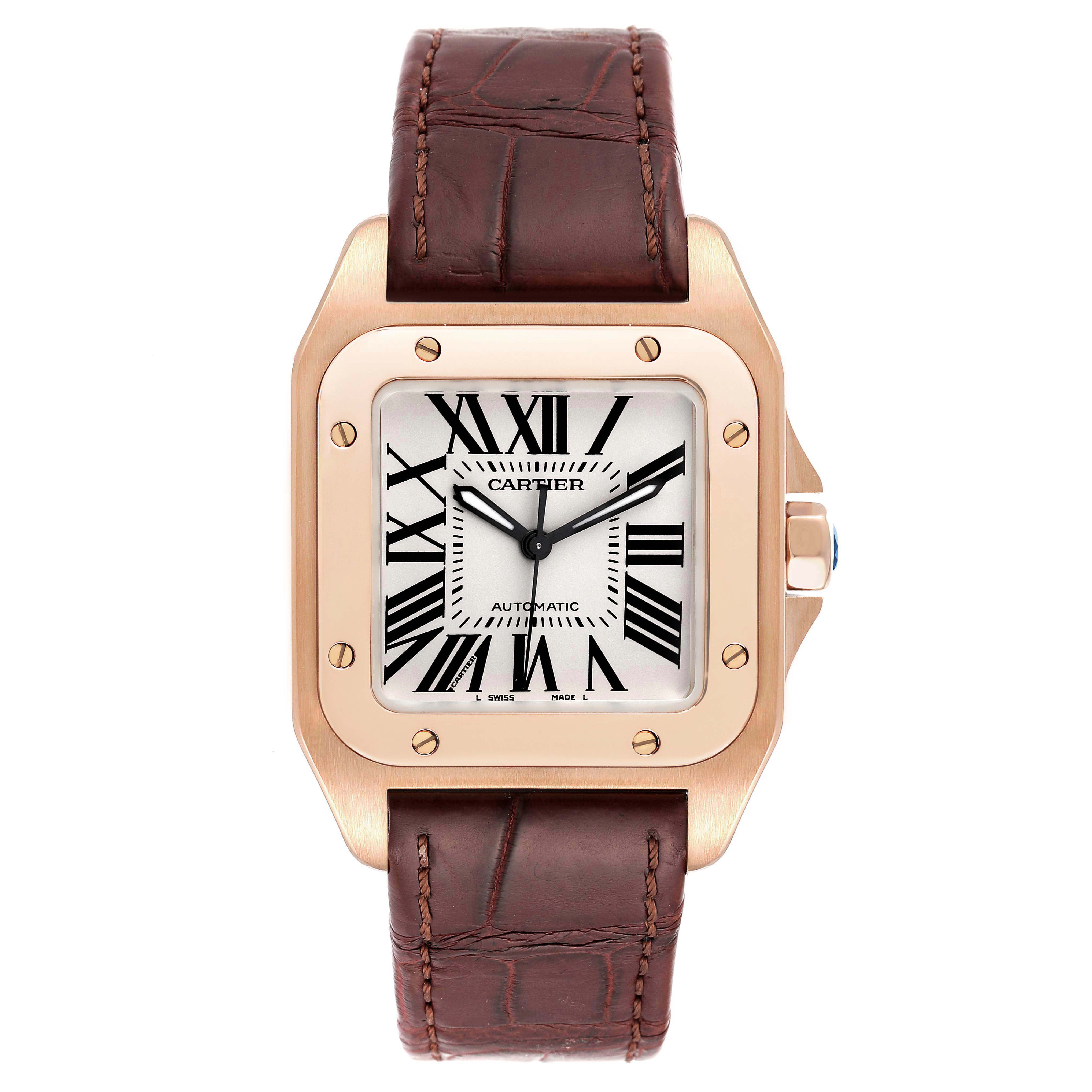 This image shows a front view of the Cartier Santos W20108Y1 Men's Rose Gold Silver Dial W20108Y1 Men's Rose Gold Silver Dial watch, highlighting its square dial, Roman numerals, and brown leather strap.