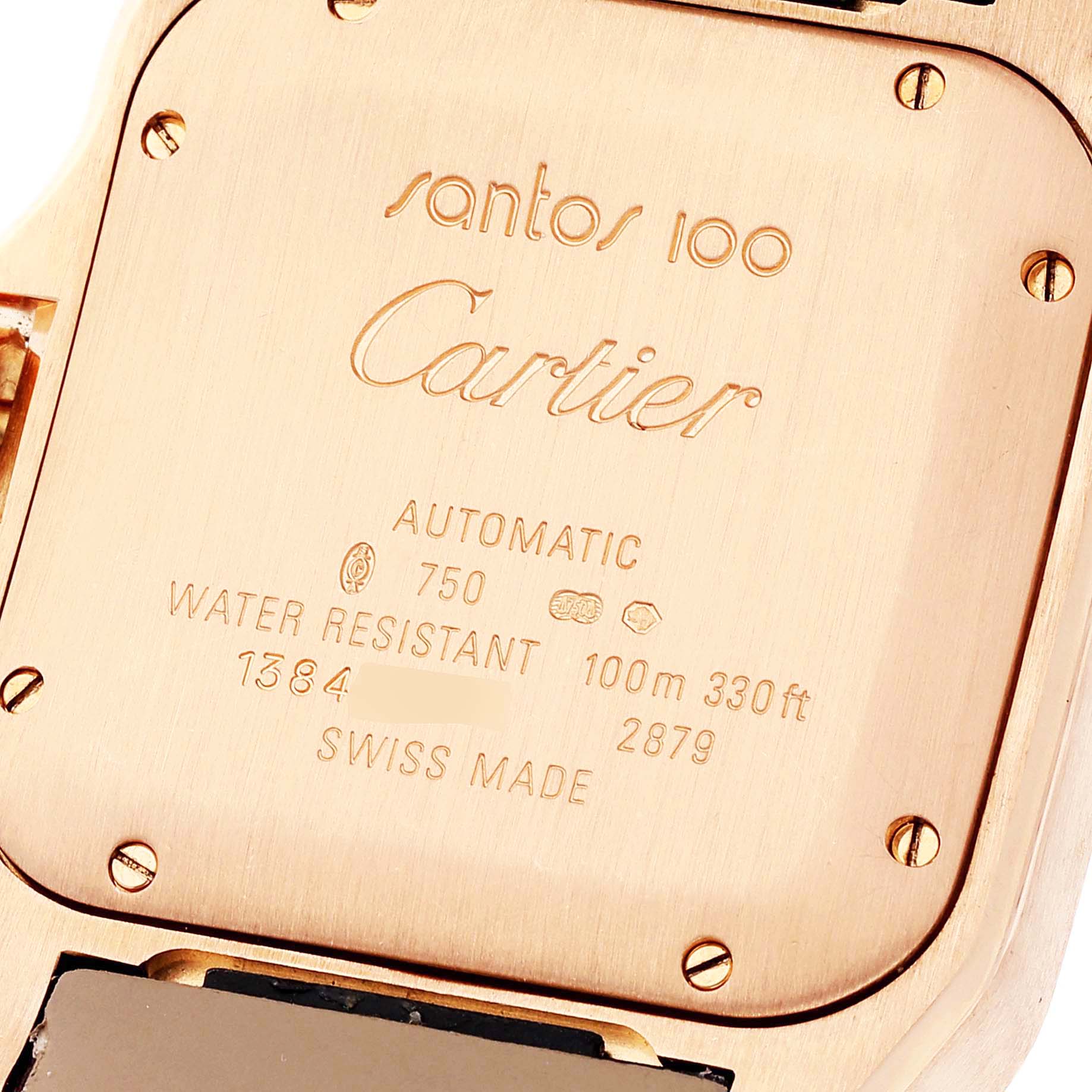 The image shows the back case of a Santos 100 model by Cartier, highlighting its engravings and screws.