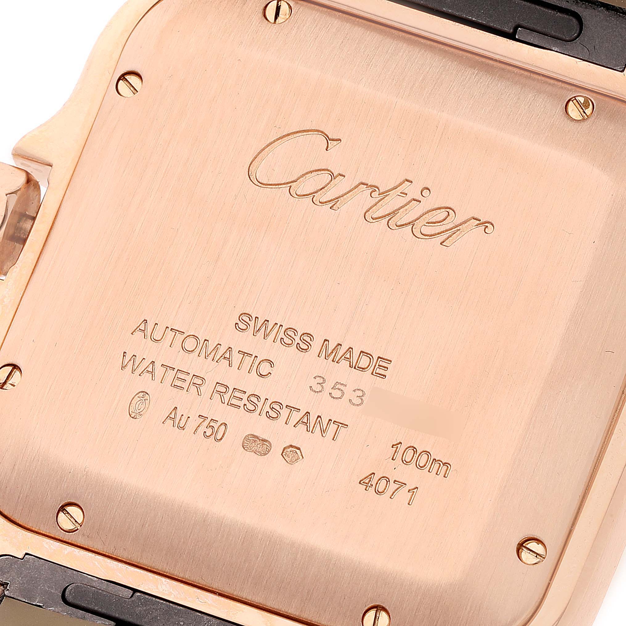 The image shows the case back of a Cartier Santos WGSA0011 Men's Rose Gold Silver Dial WGSA0011 Men's Rose Gold Silver Dial watch, featuring engravings of specifications.