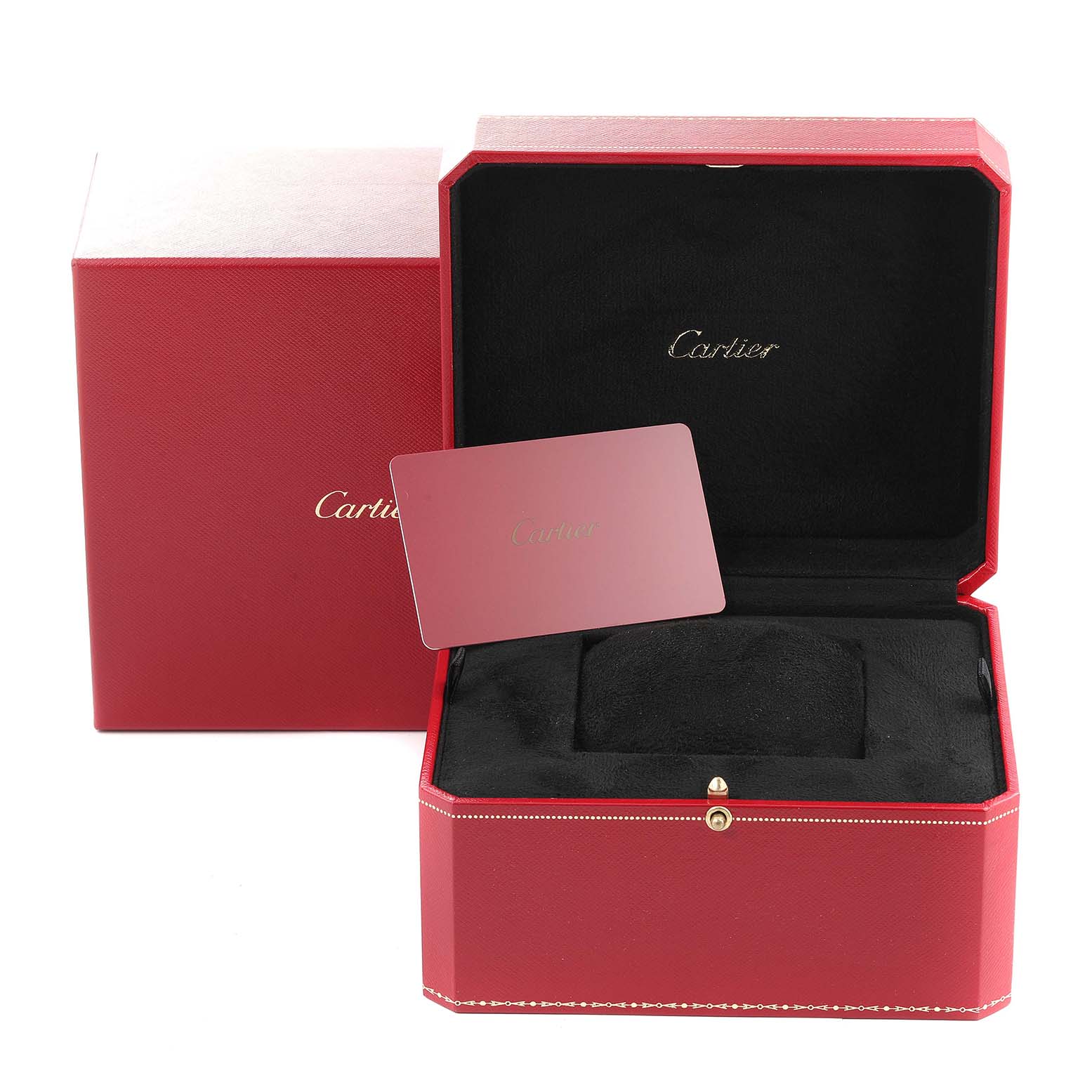 The image shows an open red box for a Cartier Santos WGSA0011 Men's Rose Gold Silver Dial WGSA0011 Men's Rose Gold Silver Dial model watch, including the inner cushion and a Cartier card.