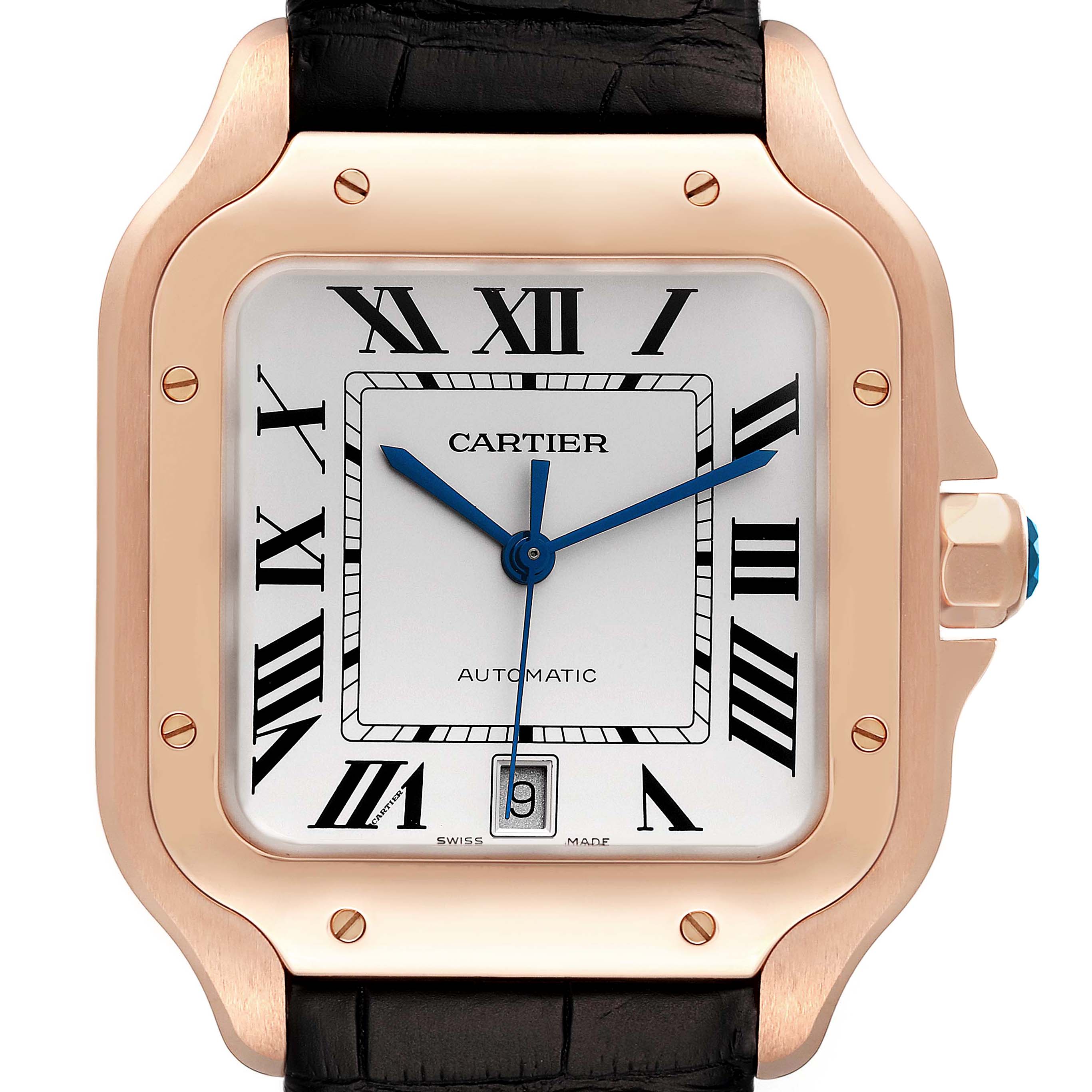 This is a close-up shot of the Cartier Santos WGSA0011 Men's Rose Gold Silver Dial WGSA0011 Men's Rose Gold Silver Dial watch, showcasing its face, bezel, and part of the leather strap.