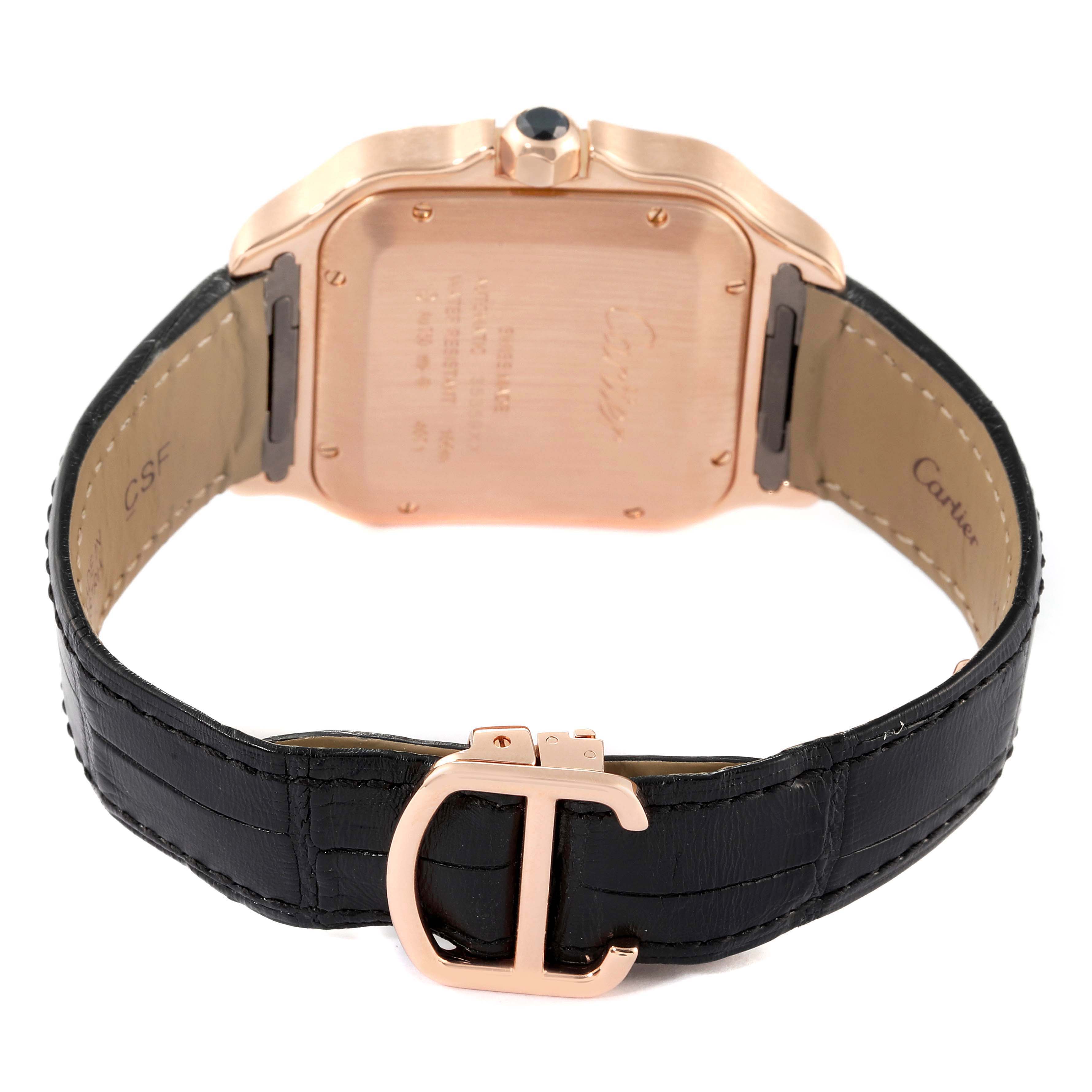 This image shows the back, strap, clasp, and case back of a Cartier Santos WGSA0011 Men's Rose Gold Silver Dial WGSA0011 Men's Rose Gold Silver Dial watch.