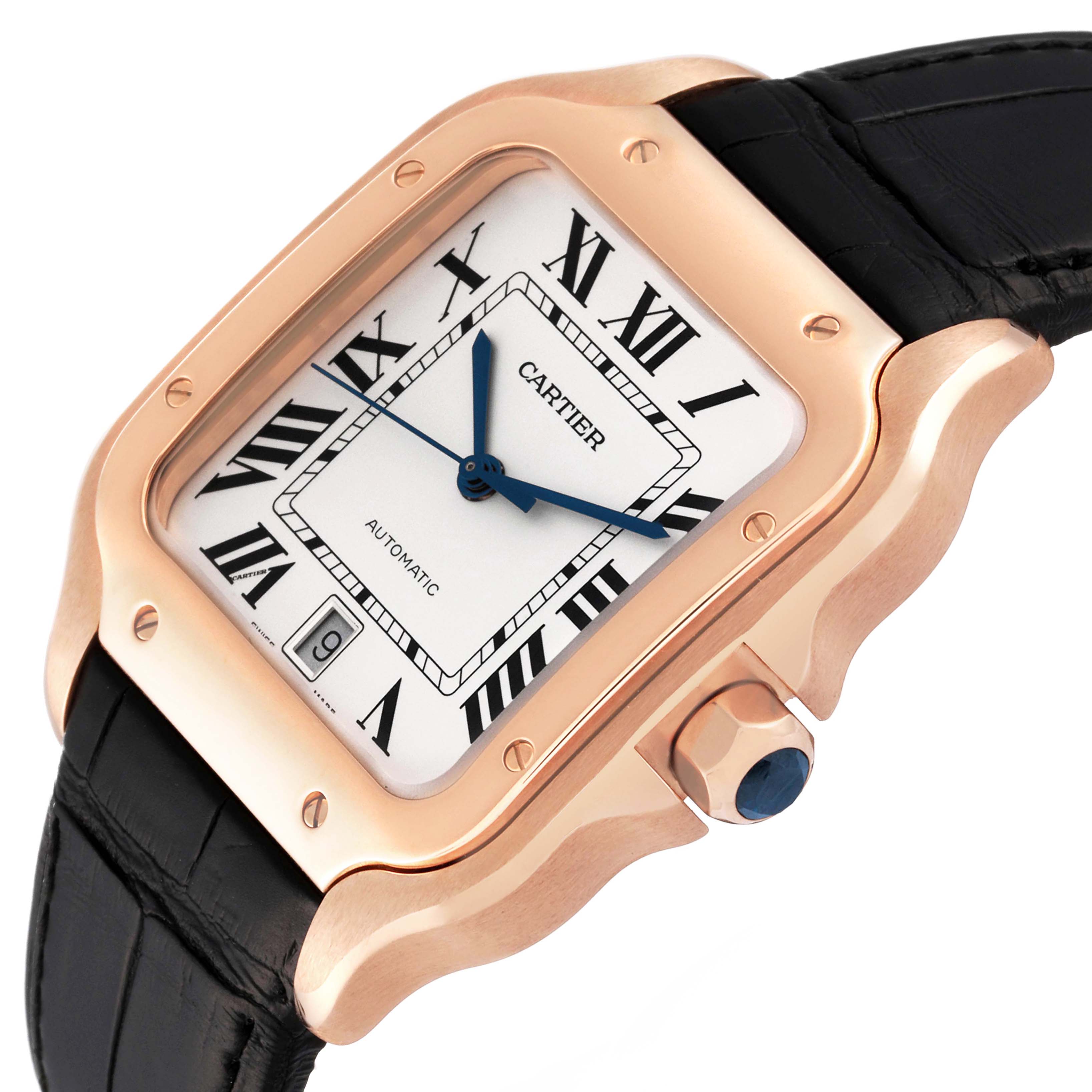 This image shows a close-up angle of the face and strap of a Cartier Santos WGSA0011 Men's Rose Gold Silver Dial WGSA0011 Men's Rose Gold Silver Dial model watch.